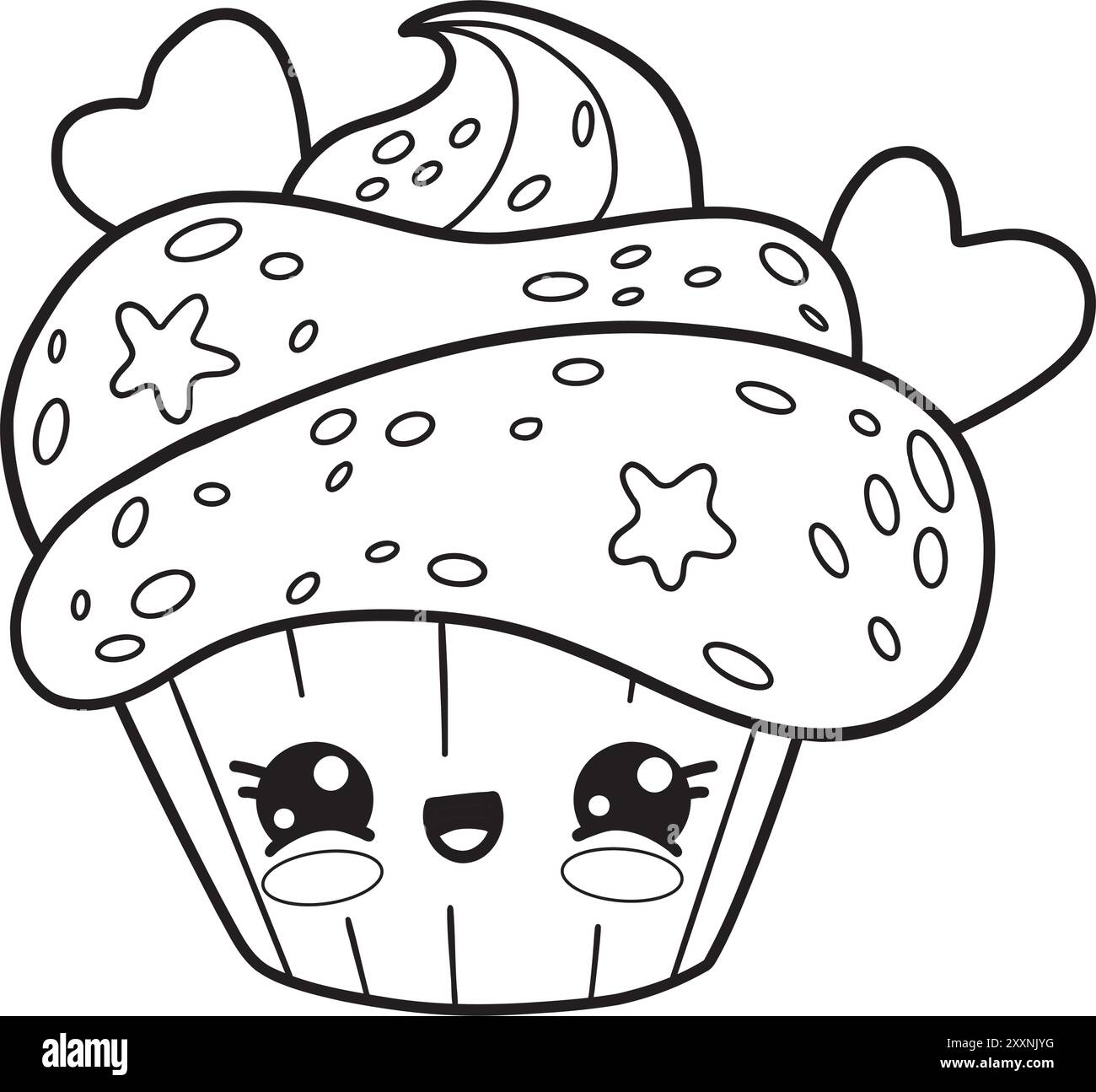 Dolce cupcake con i cuori. Delinea il dolce personaggio dei cartoni animati kawaii. Disegno al tratto, libro da colorare. Illustrazione vettoriale. Collezione bambini Illustrazione Vettoriale