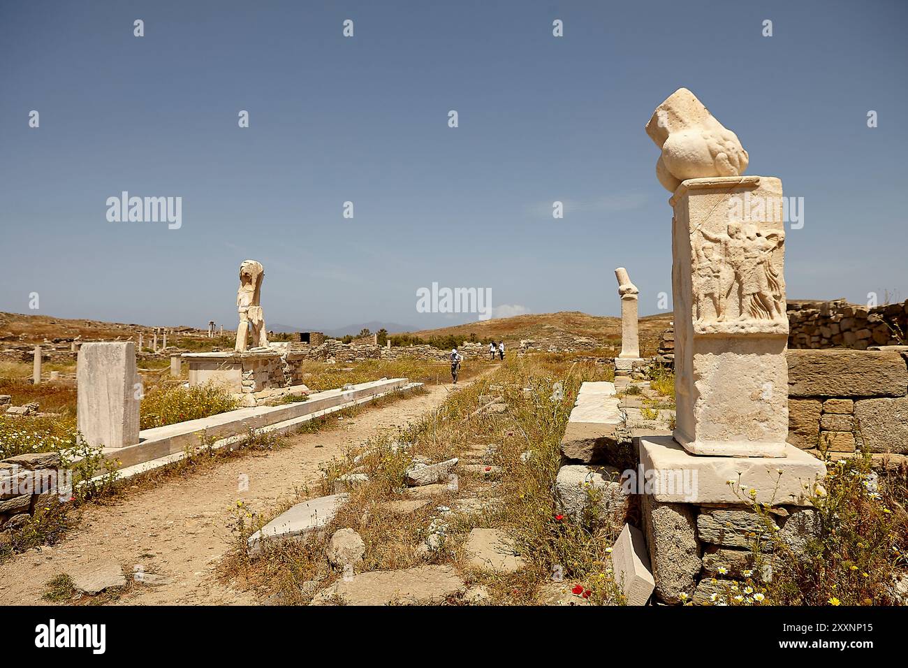 Statua del fallo nel sito archeologico di delo in grecia, rovine del tempio di Dioniso Foto Stock