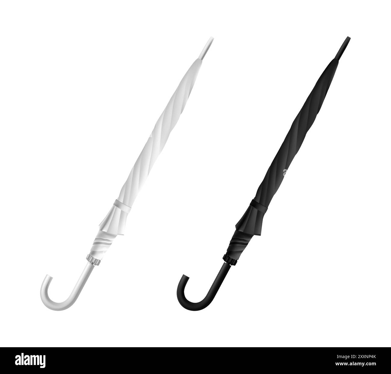 Ombrello realistico. Mockup di parassita di canna. Tettuccio parasole pieghevole e impermeabile chiuso. Eleganti accessori bianchi o neri. Tempo piovoso. Tende automatiche. Copertura di protezione dalla pioggia. Set di oggetti di stile 3D vettoriali Illustrazione Vettoriale