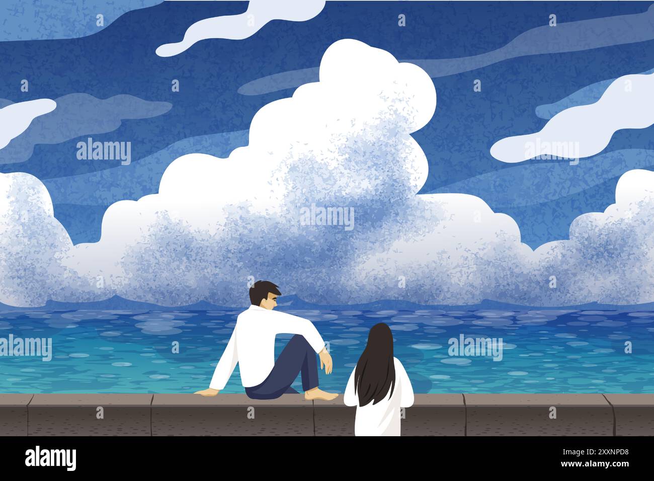 Viaggio estivo. Persone che guardano il paesaggio oceanico. Nuvole di cielo. Onde d'acqua. Scenario estetico. Vacanze di viaggio. Un paio di argini. Uomo e donna ammirano il paesaggio marino. Carta da parati vettoriale con texture creative Illustrazione Vettoriale