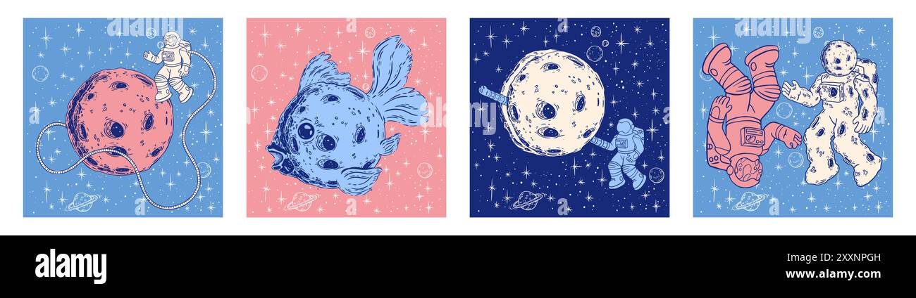 Astronauta nello spazio. Astronauta cartoon a gravità zero. Luna e stelle. Divertente galassia stellata di doodle. Esplorazione dell'universo. Disegno COSMOS. Bambini astronomia. Bambino sul pianeta. Set di poster di schizzo vettoriali Illustrazione Vettoriale