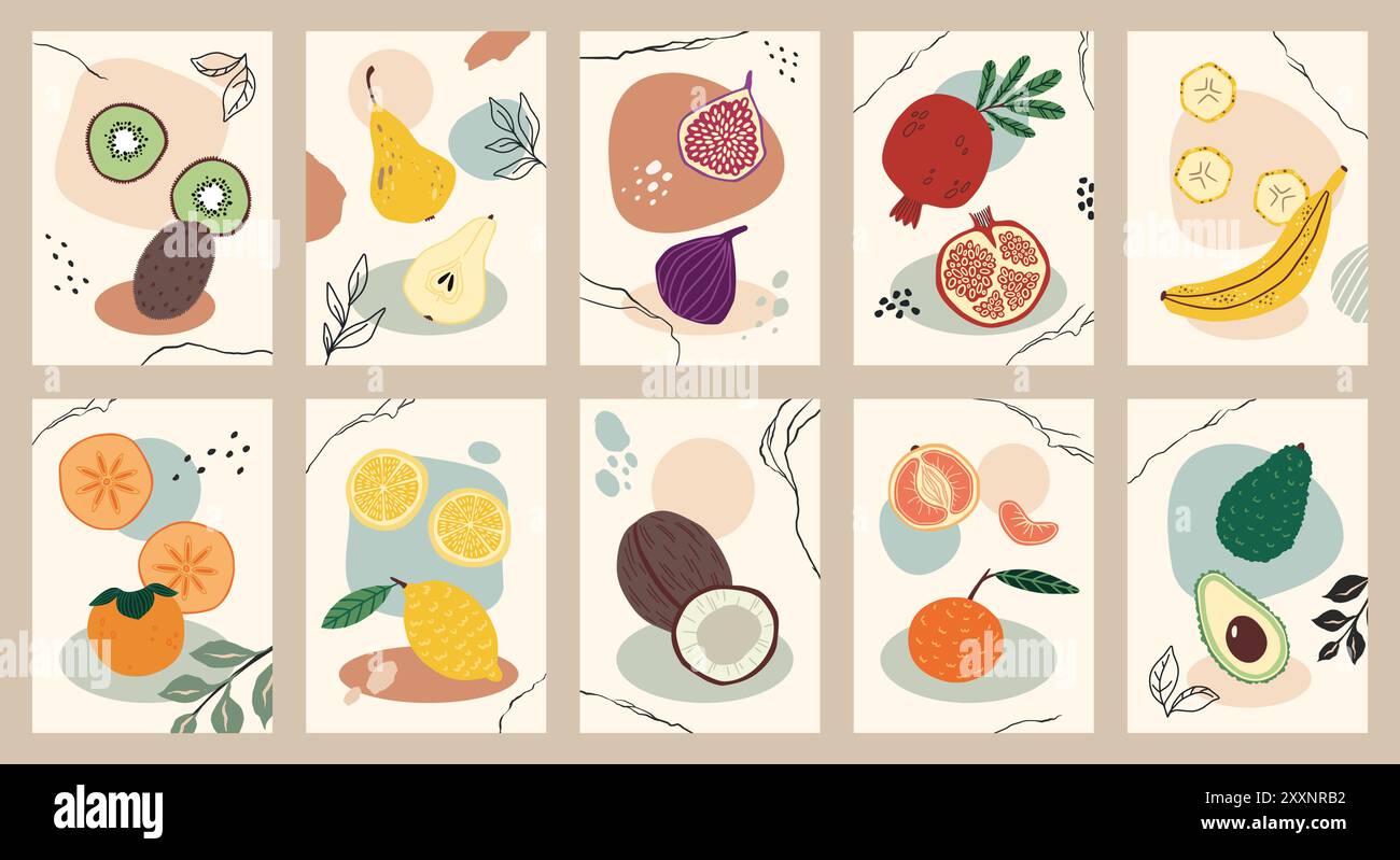 Frutta tropicale. Cibo esotico. Prodotti freschi e succosi. Melograni interi e metà. Forme astratte di doodle. Banane dolci. Arance mature. Foglie di linea. Deliziose noci di cocco e avocado. Set di banner vettoriali Illustrazione Vettoriale