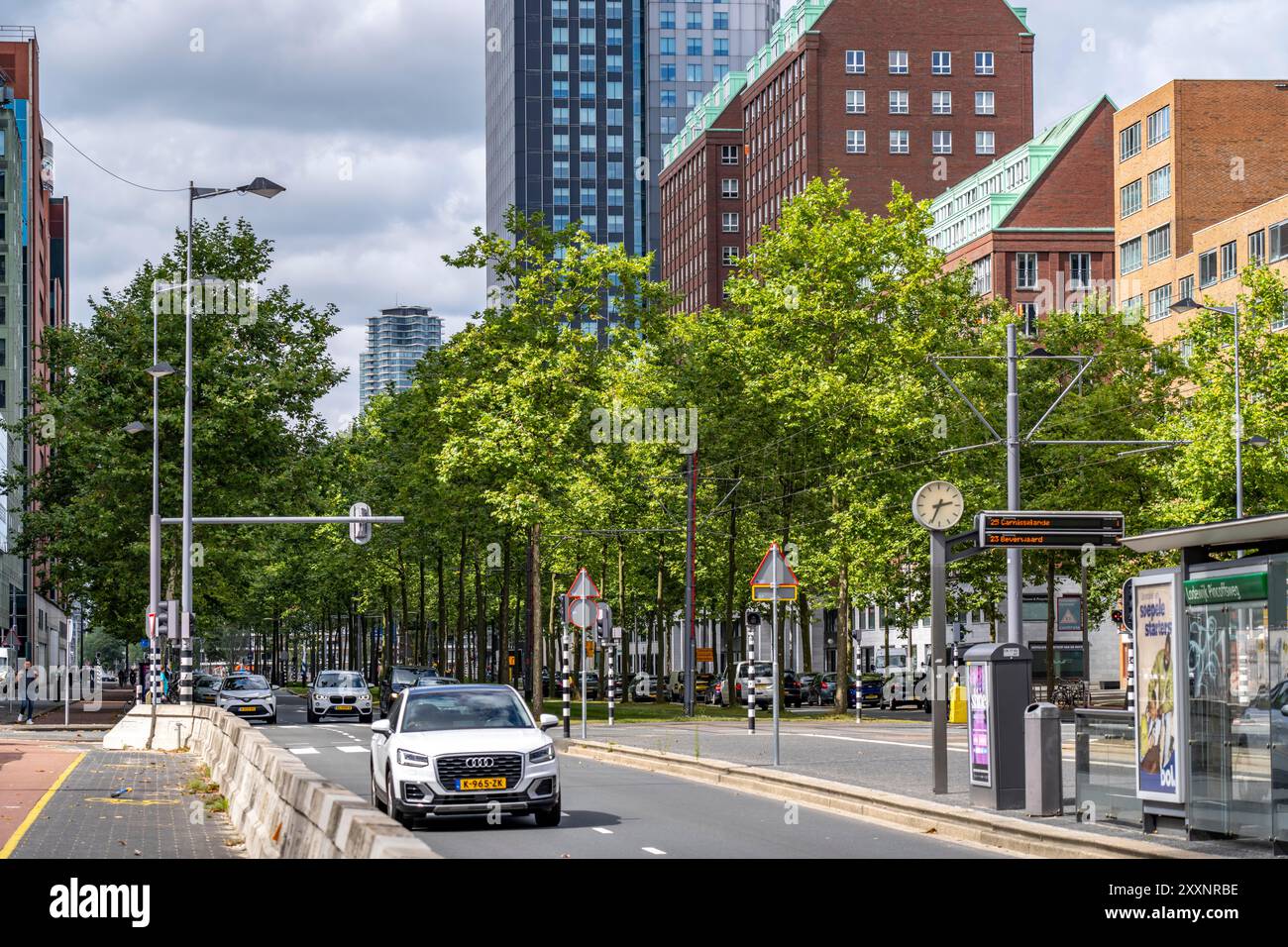 Verde urbano, via Laan op Zuid, nel quartiere di Rotterdam di Feijenoord, 4 corsie, 2 piste per tram, piste ciclabili su entrambi i lati, piedi Foto Stock