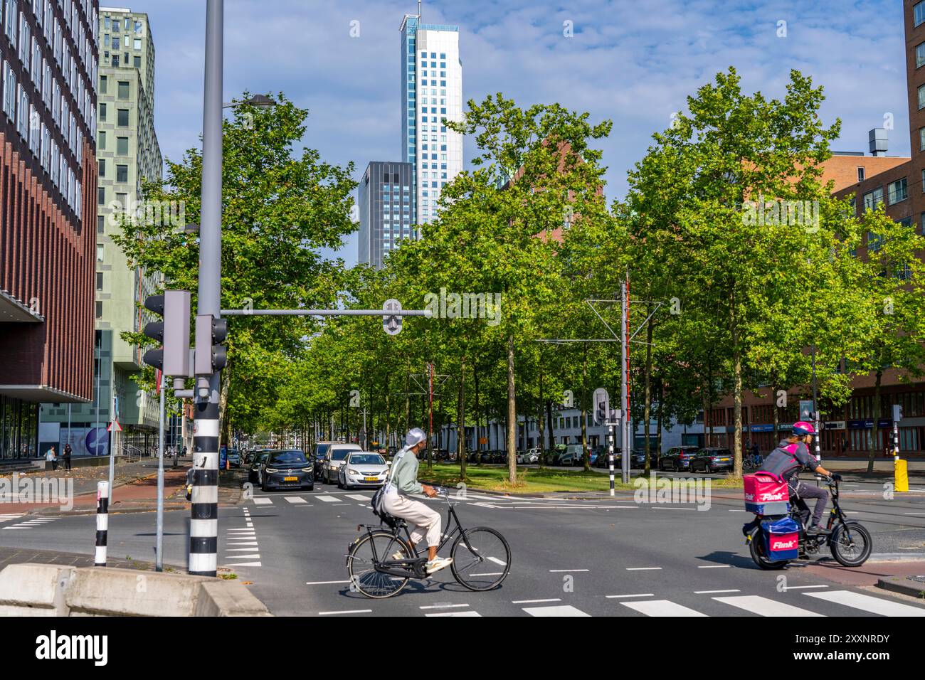 Verde urbano, via Laan op Zuid, nel quartiere di Rotterdam di Feijenoord, 4 corsie, 2 piste per tram, piste ciclabili su entrambi i lati, piedi Foto Stock