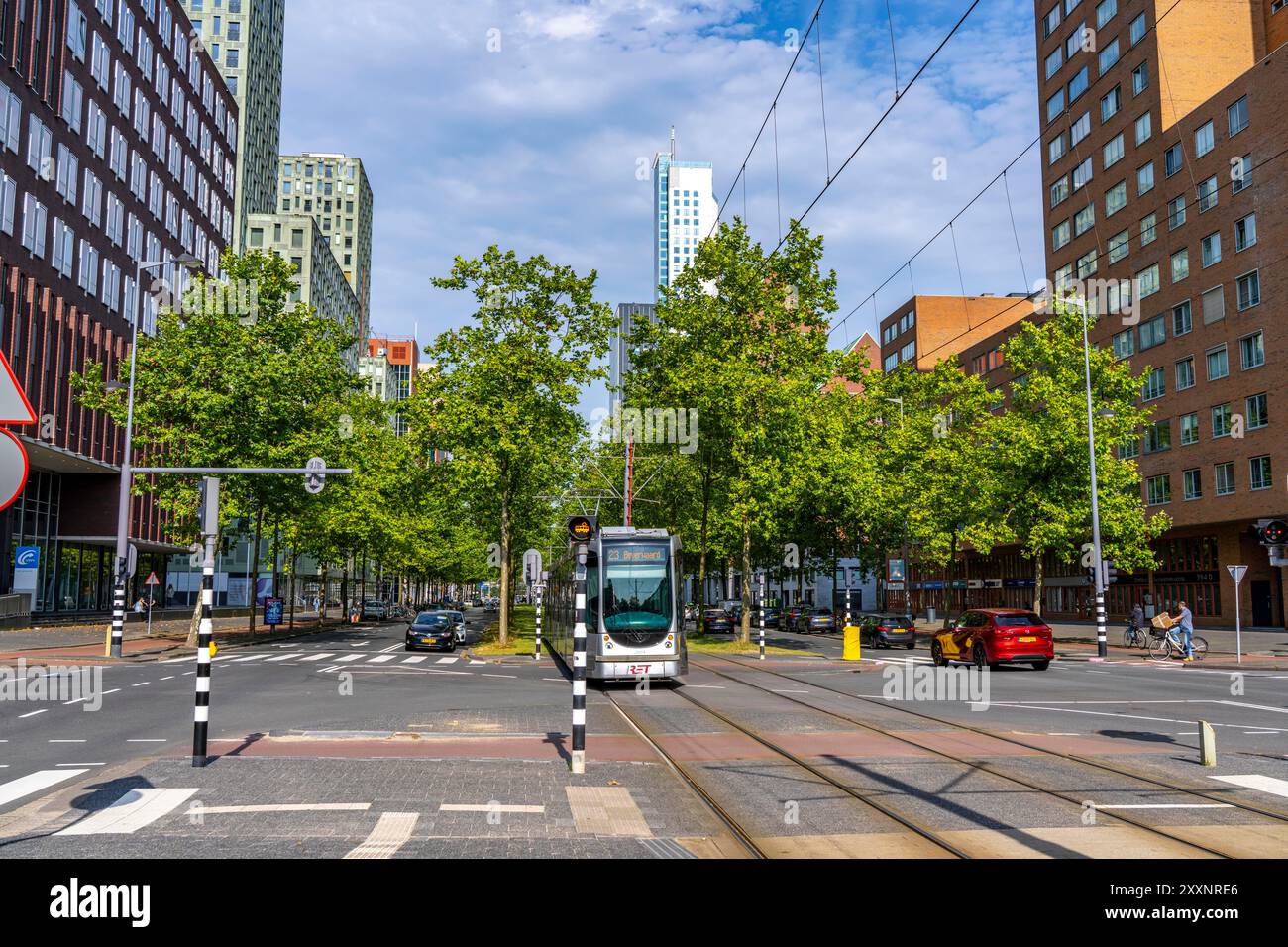 Verde urbano, via Laan op Zuid, nel quartiere di Rotterdam di Feijenoord, 4 corsie, 2 piste per tram, piste ciclabili su entrambi i lati, piedi Foto Stock