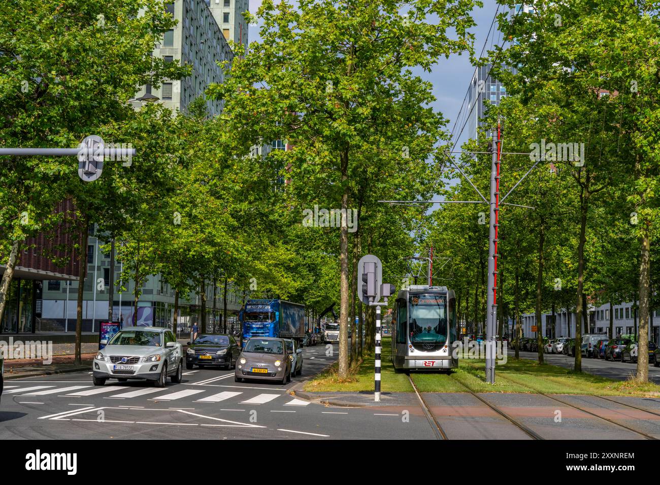 Verde urbano, via Laan op Zuid, nel quartiere di Rotterdam di Feijenoord, 4 corsie, 2 piste per tram, piste ciclabili su entrambi i lati, piedi Foto Stock