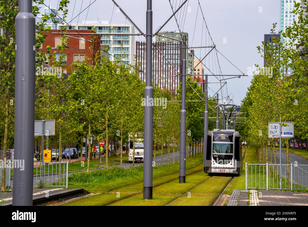 Verde urbano, via Laan op Zuid, nel quartiere di Rotterdam di Feijenoord, 4 corsie, 2 piste per tram, piste ciclabili su entrambi i lati, piedi Foto Stock