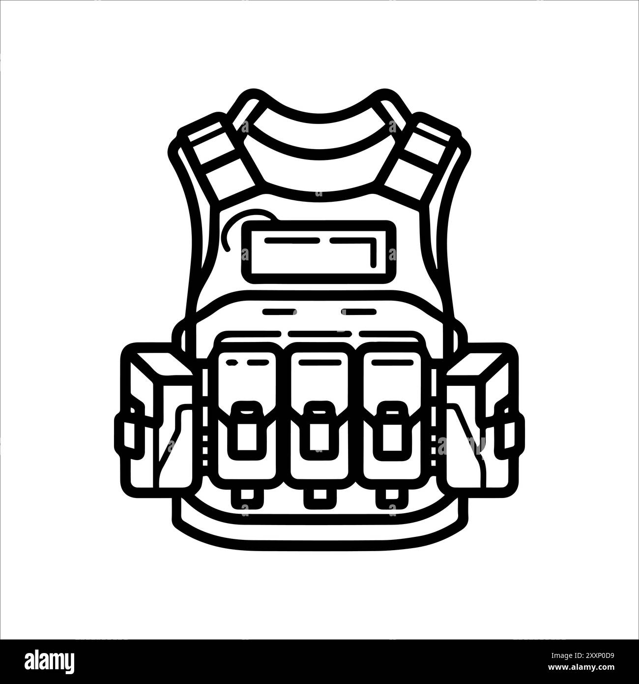 Icona del giubbotto militare o simbolo della linea moderna. Grafica a linee vettoriali e design a icone con un contorno audace. Bianco e nero Pixel Perfect simbolo minimalista isolato Illustrazione Vettoriale