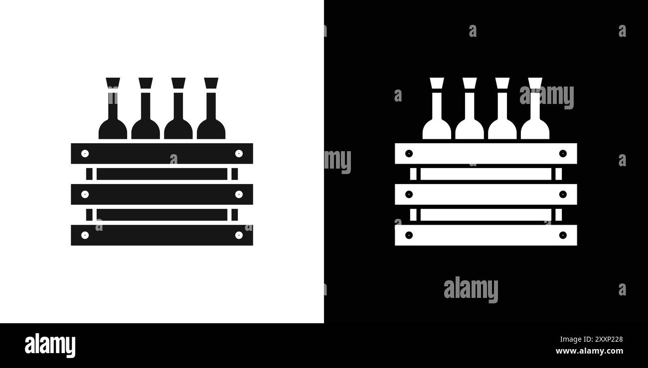 Bottiglie di birra nell'icona del cestino Black line art Vector con bordo bianco e nero Illustrazione Vettoriale