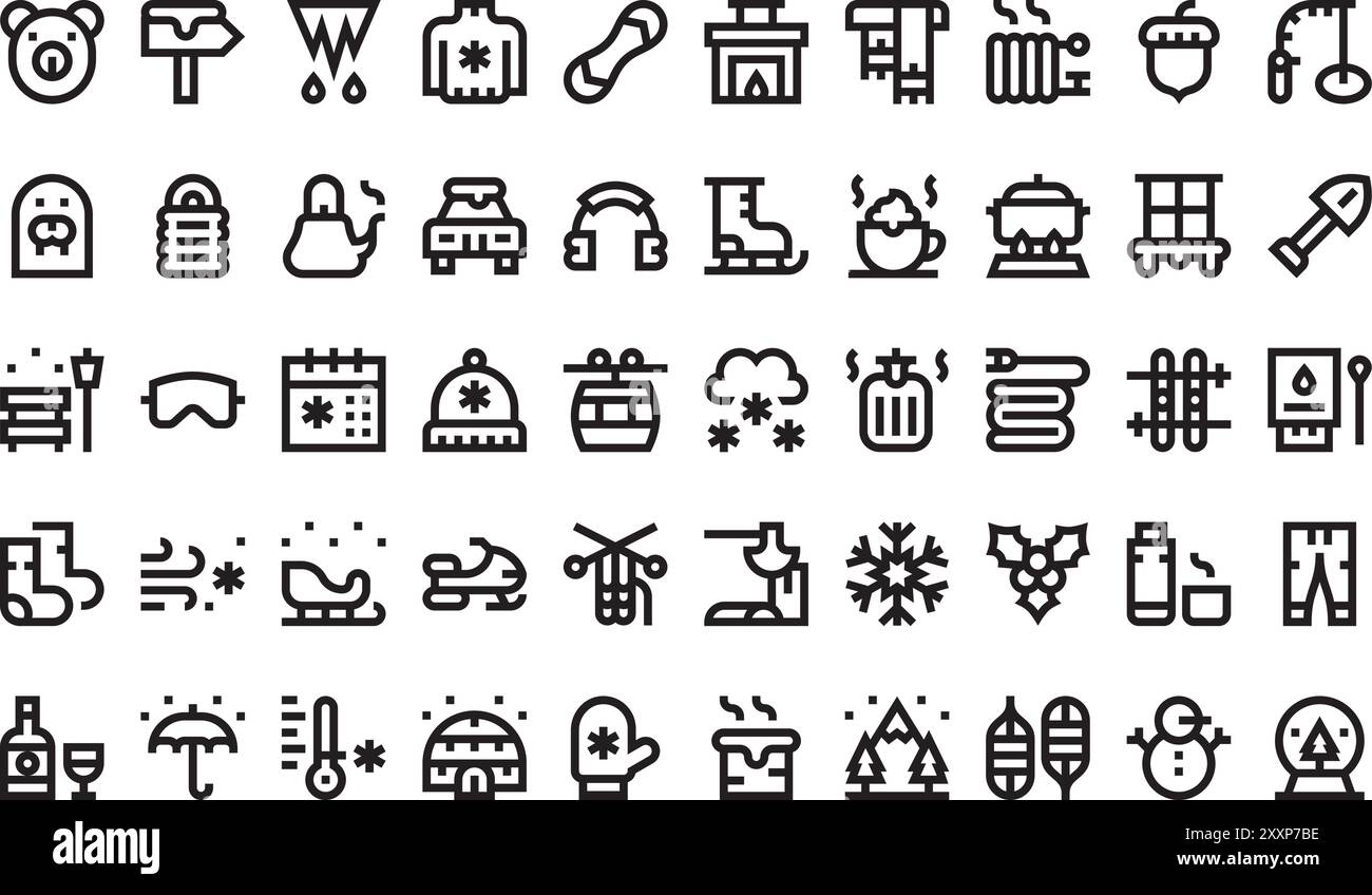 La collezione Winter icons è un'illustrazione vettoriale con traccia modificabile. Illustrazione Vettoriale