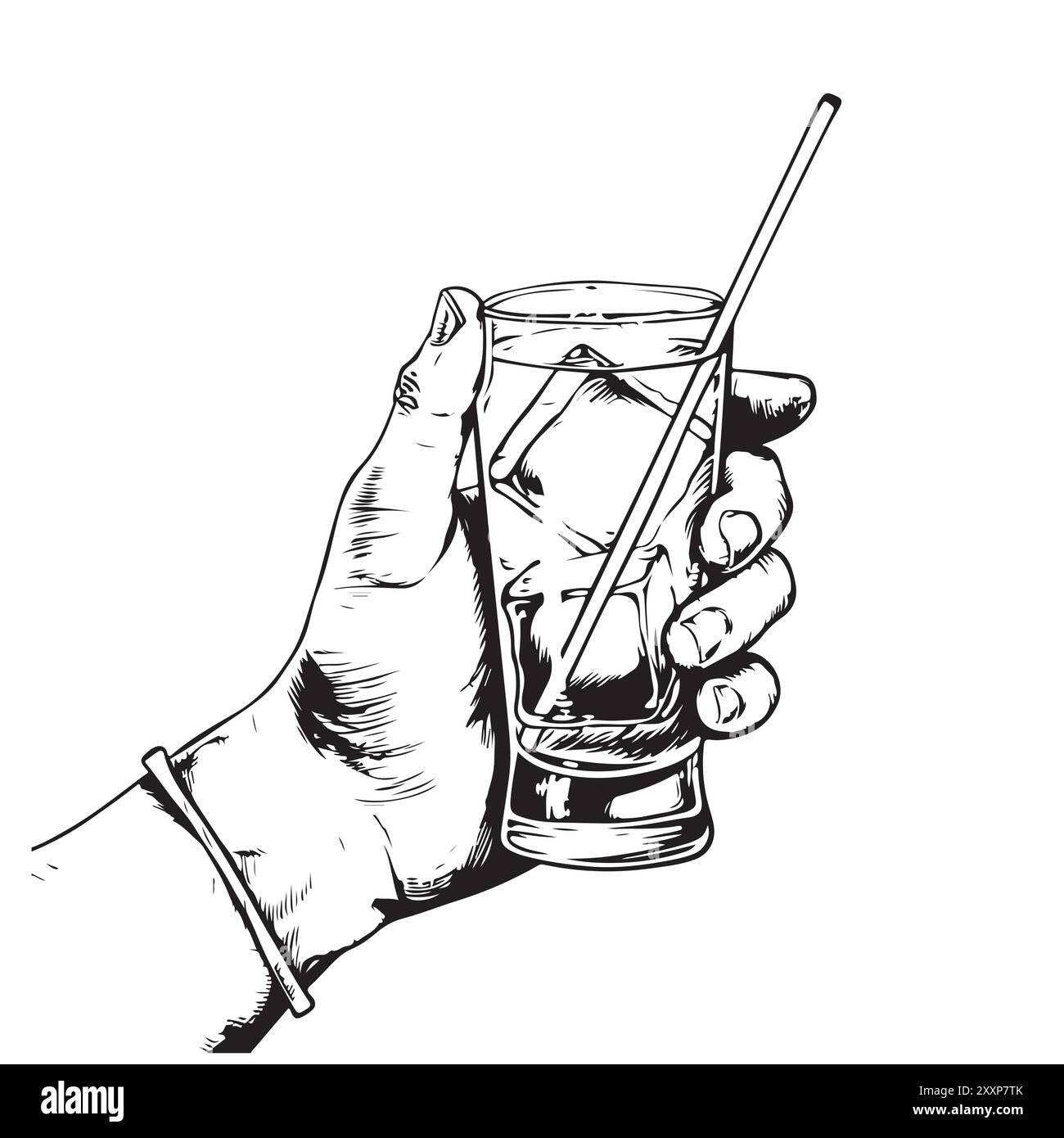 Un bicchiere umano con cocktail alcolico. Bicchiere di martini in mano donna. Illustrazione dello schizzo disegnato a mano vettoriale. Collezione di bevande da bar. Menu bevande elementi di design isolati su sfondo bianco Illustrazione Vettoriale
