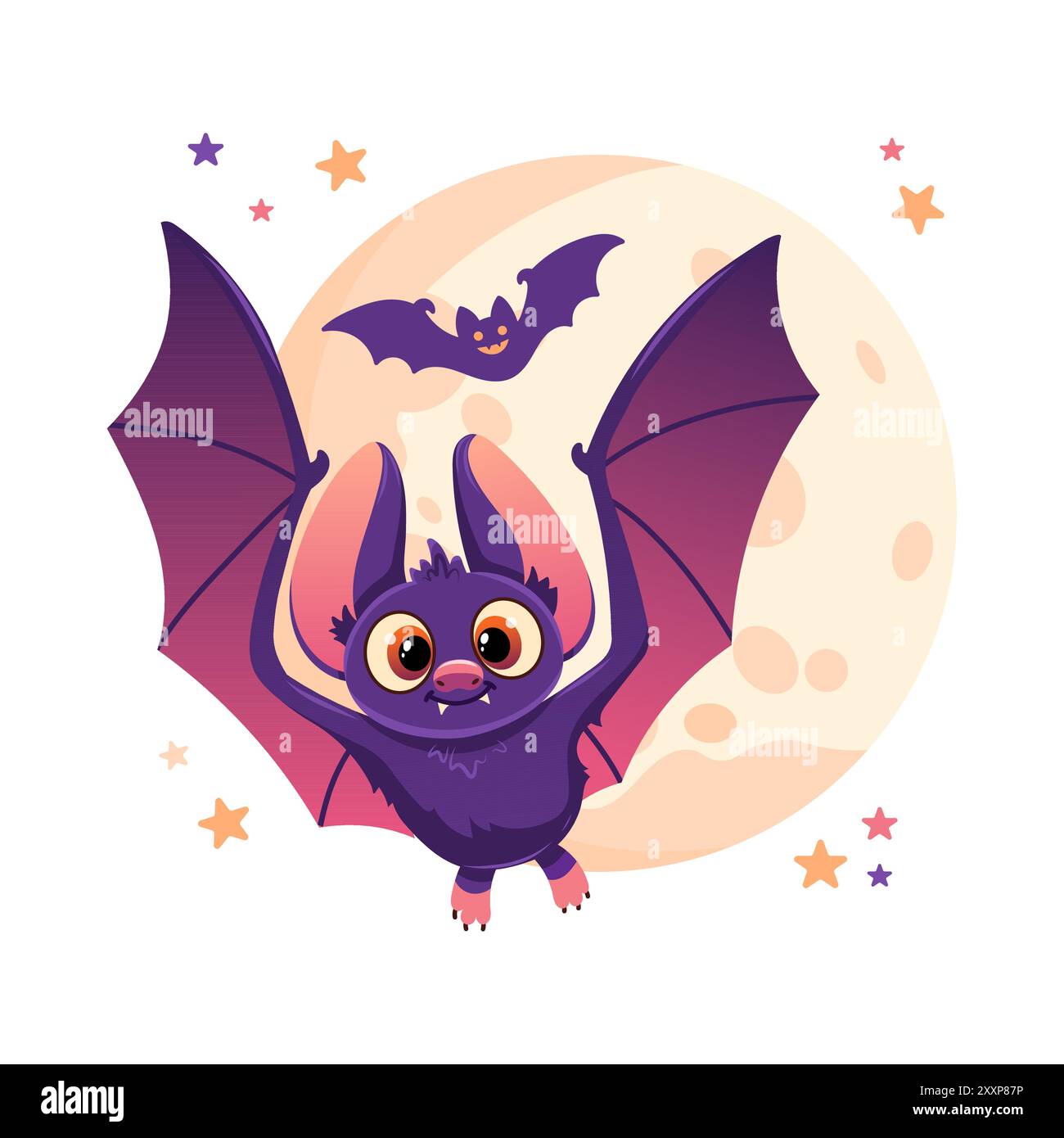 Adorabile illustrazione vettoriale di un simpatico pipistrello viola che vola di fronte a una luna piena. Perfetto per i design a tema Halloween Illustrazione Vettoriale
