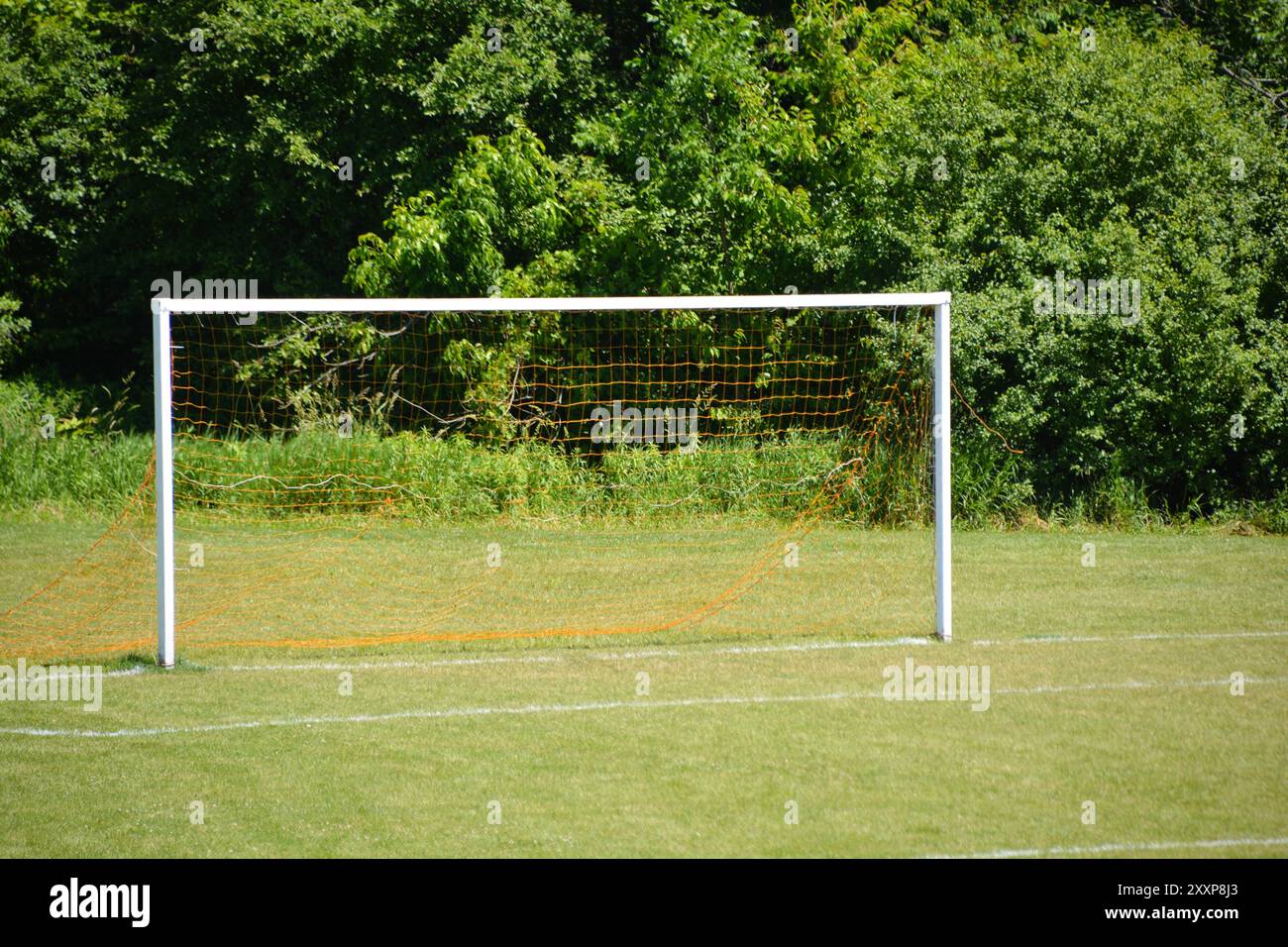 Gol da calcio bianco su un campo sportivo vuoto prima di una partita in una giornata estiva. Foto Stock