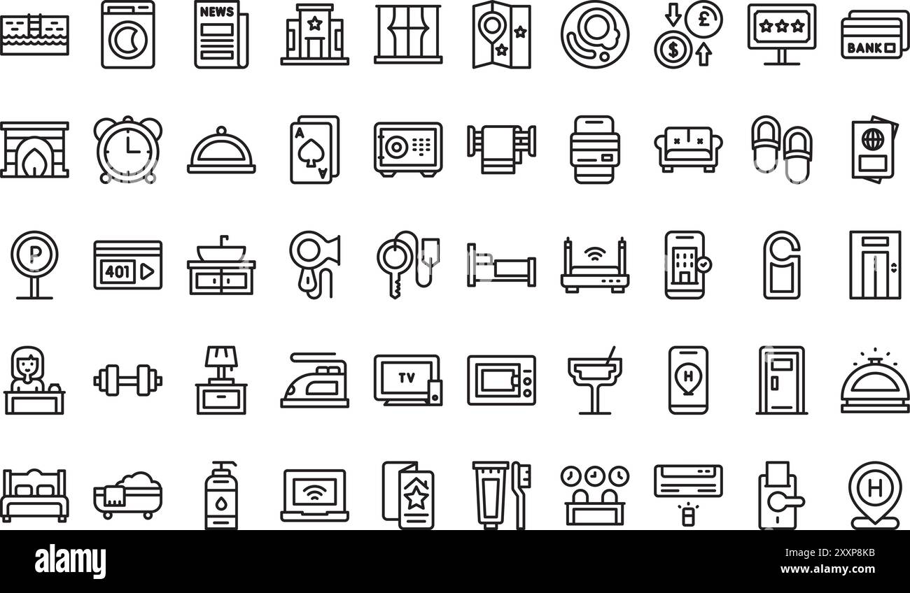 La raccolta icone hotel è un'illustrazione vettoriale con traccia modificabile. Illustrazione Vettoriale