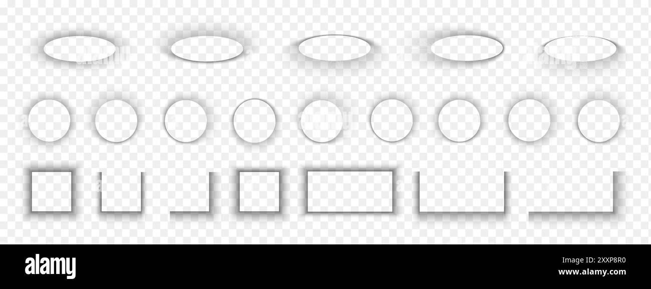 Set di diversi effetti ombra. Forme realistiche di grigio tenue. Confezione quadrata e rettangolare, rotonda e ovale, ombreggiature per scatole o striscioni isolate su sfondo trasparente. Illustrazione vettoriale. Illustrazione Vettoriale