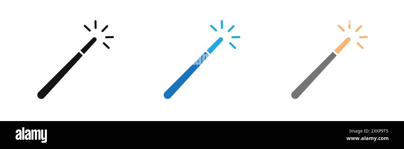 l'icona della bacchetta magica delinea la collezione o il set in bianco e nero Illustrazione Vettoriale