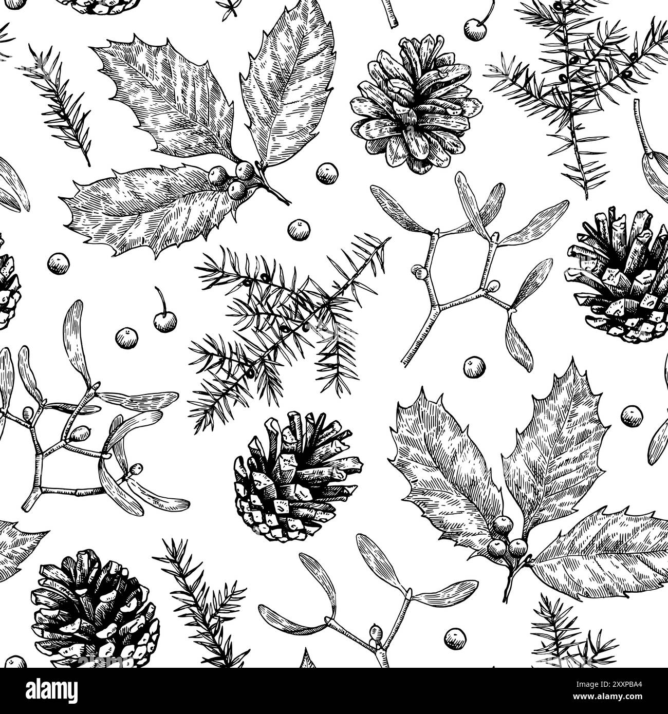 Motivo natalizio senza cuciture con coni di pino, agnello, mignolo e ginepro. Illustrazione vettoriale monocromatica in stile incisione. Illustrazione Vettoriale