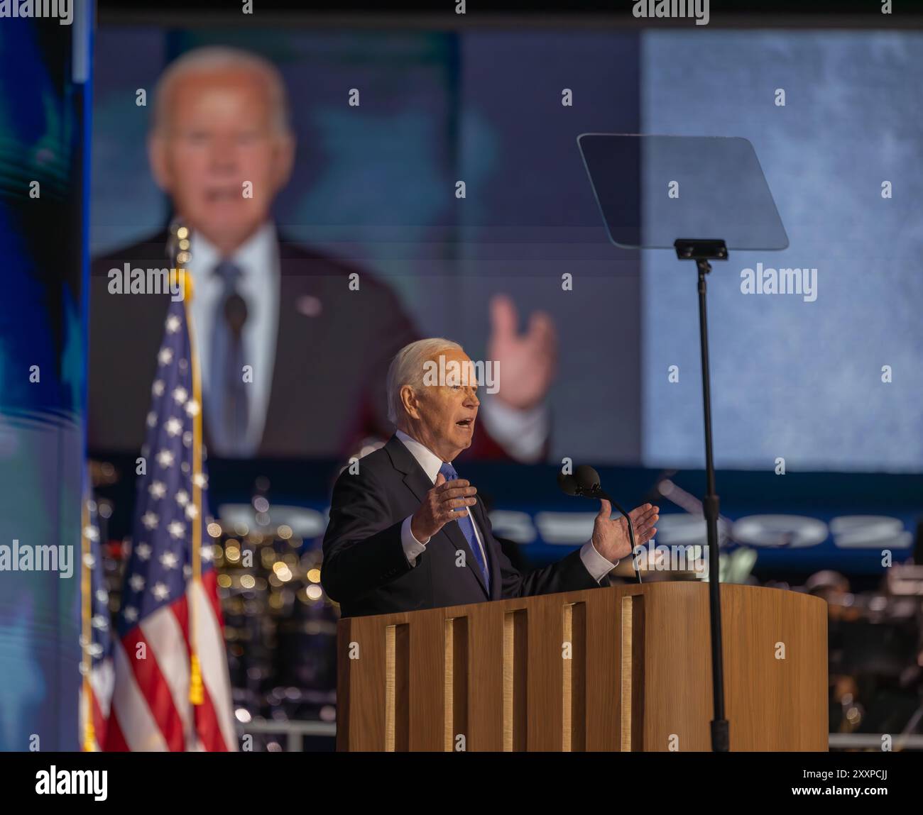 CHICAGO, Illinois - 19 agosto 2024: Il presidente Joe Biden si rivolge alla Convention nazionale democratica del 2024 allo United Center di Chicago. Foto Stock