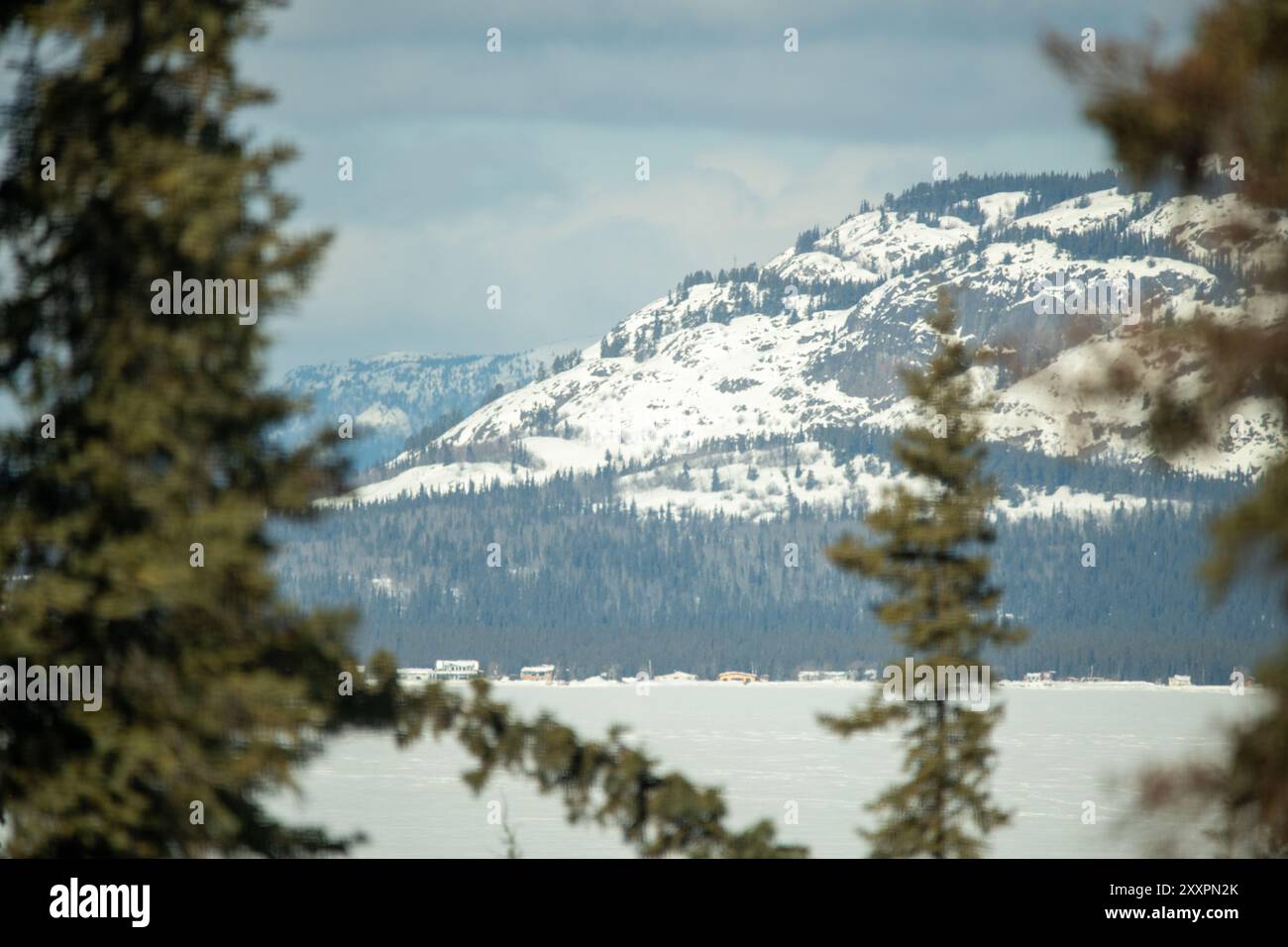 Vista sul lago ghiacciato nella natura selvaggia del Canada artico durante l'inverno, con un lago ghiacciato e montagne innevate sopra la foresta boreale Foto Stock