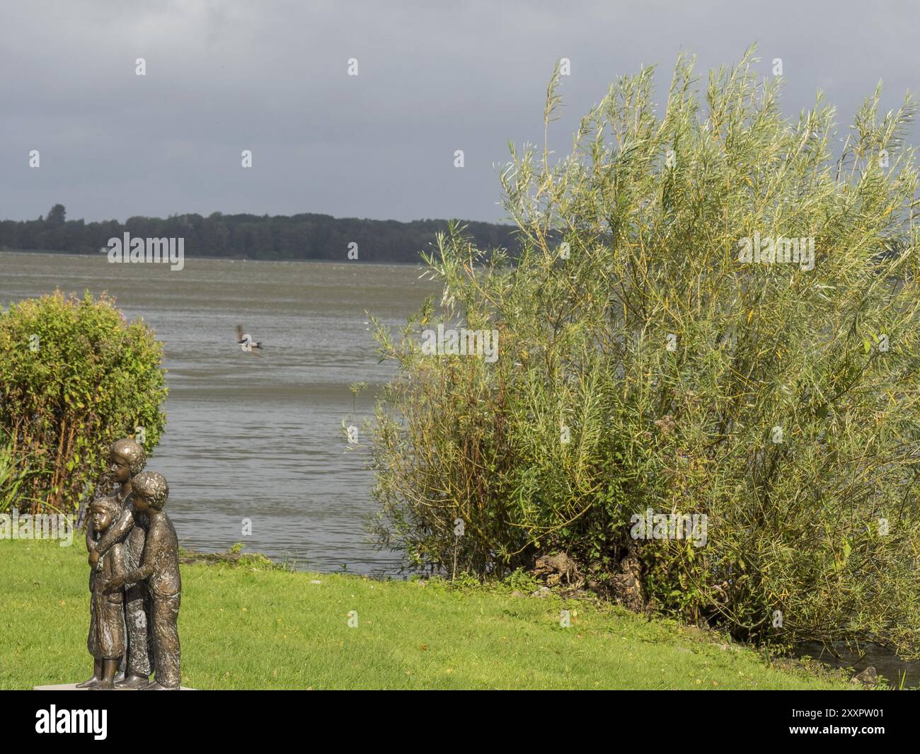 Scultura di persone sulla riva di un corpo d'acqua, circondata da cespugli e natura, Bad Zwischenahn, ammerland, germania Foto Stock