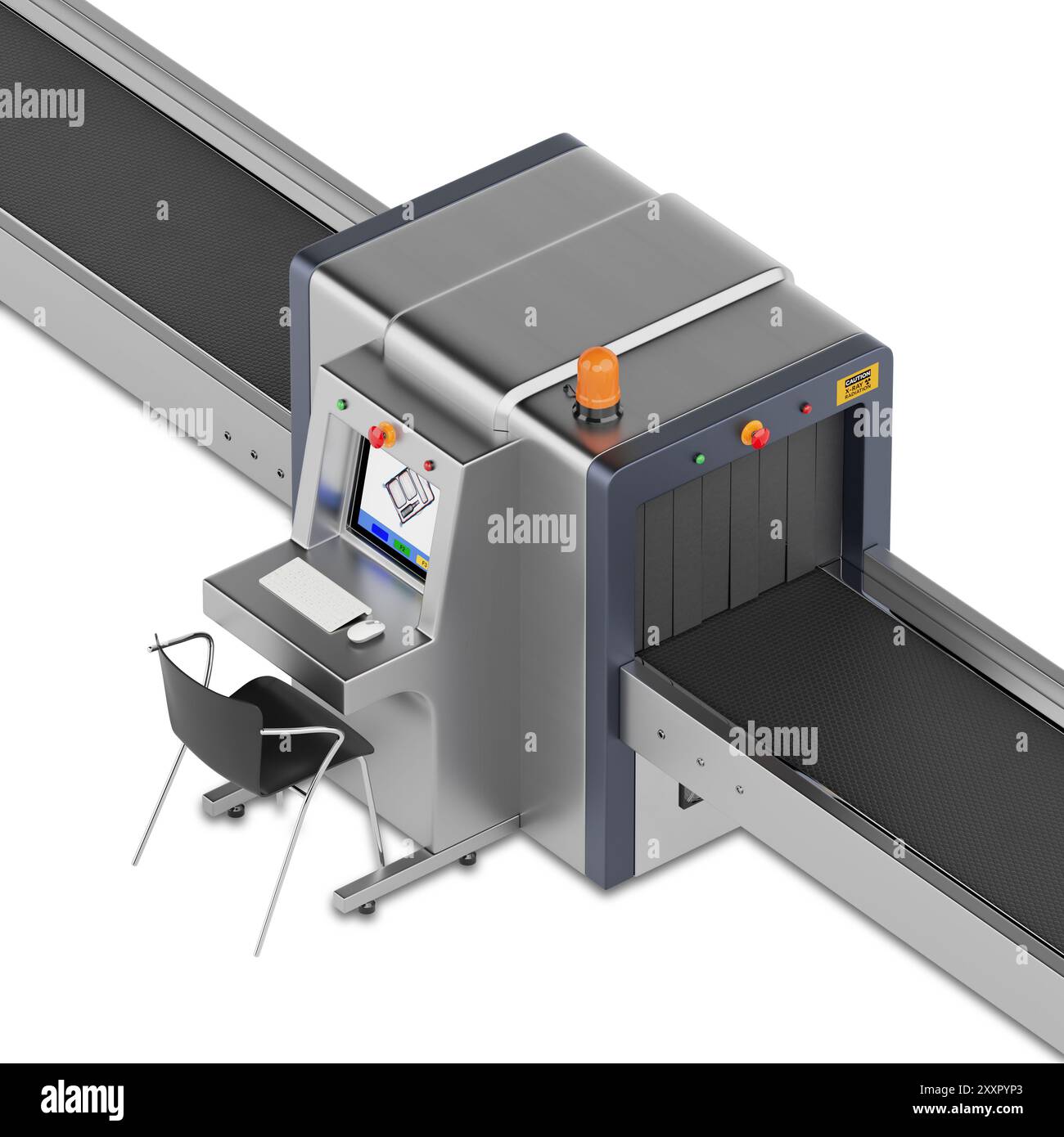 Scanner per bagagli di sicurezza a raggi X aeroportuali su sfondo bianco. Rendering 3d. Foto Stock