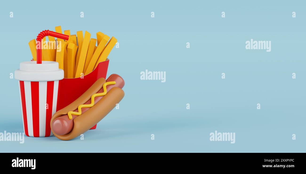 Set di icone del fast food: Hamburger, Hotdog e bevande analcoliche su sfondo blu. Rendering 3d. Foto Stock