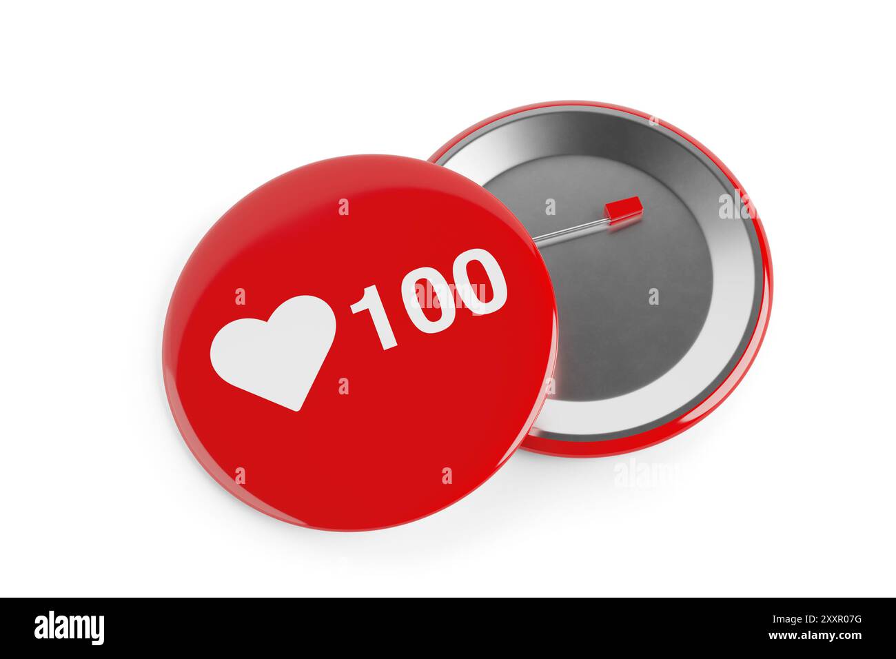 Badge rossi vista anteriore e posteriore con Social Media Network Love e Like Heart su sfondo bianco. Rendering 3d. Foto Stock