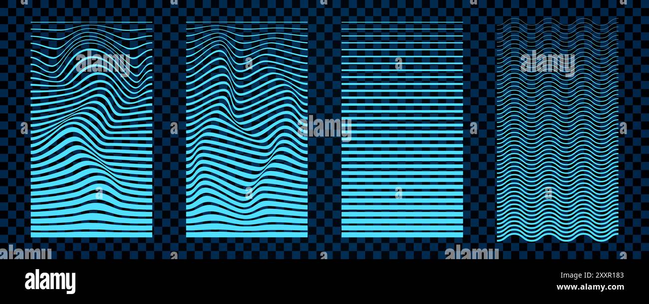 Futuristici modelli a reticolo neon Wave Grid 3D. Illustrazione Vettoriale