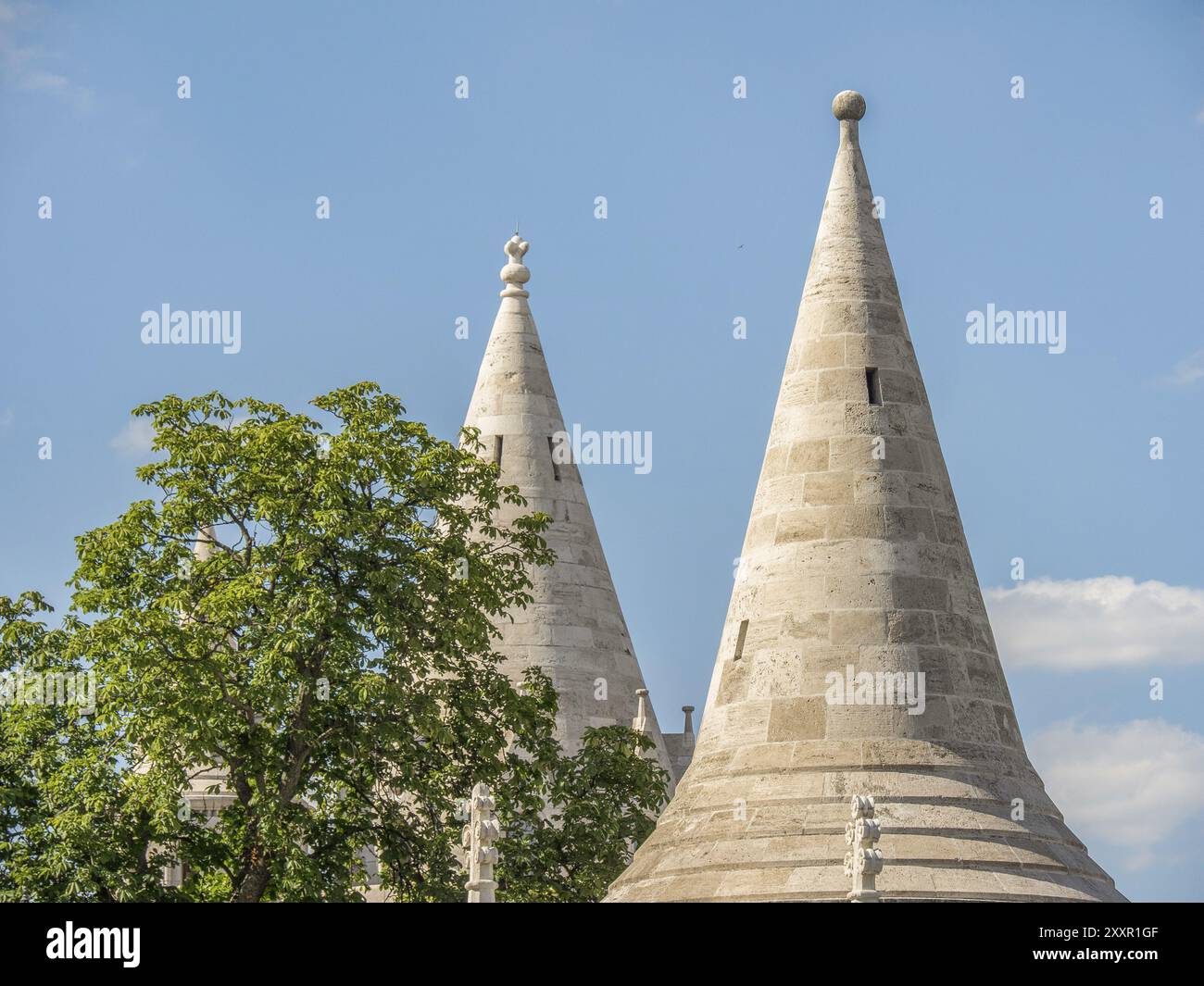 Due torri storiche appuntite di pietra bianca contro un cielo azzurro, budapest, danubio, ungheria Foto Stock