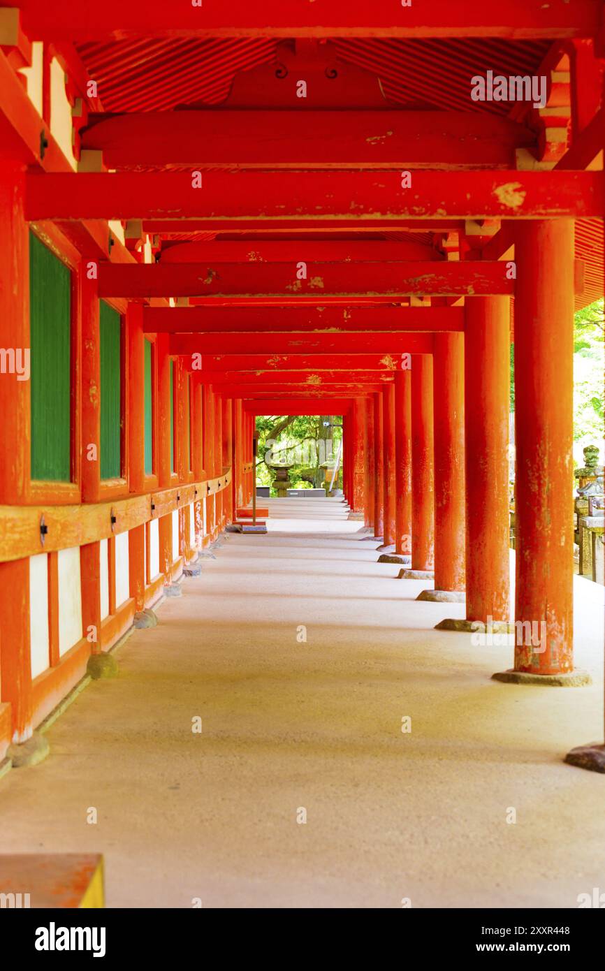 Colonne rosse ripetute di un corridoio all'aperto intorno all'esterno del santuario shintoista di Kasuga-Taisha nel complesso del tempio Todai-ji a Nara, Giappone, Asia Foto Stock