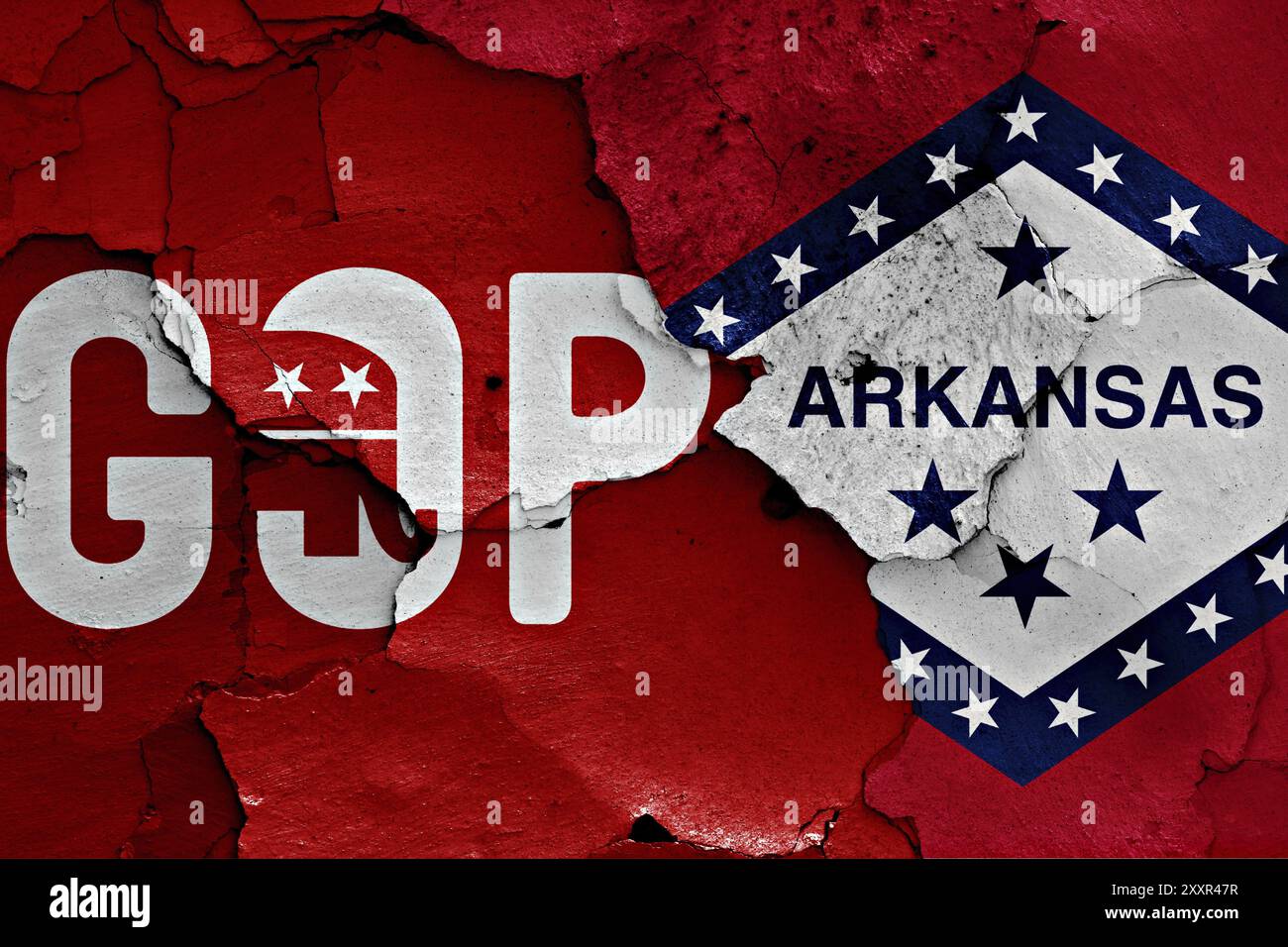 Bandiera di GOP e Arkansas dipinta su una parete incrinata Foto Stock