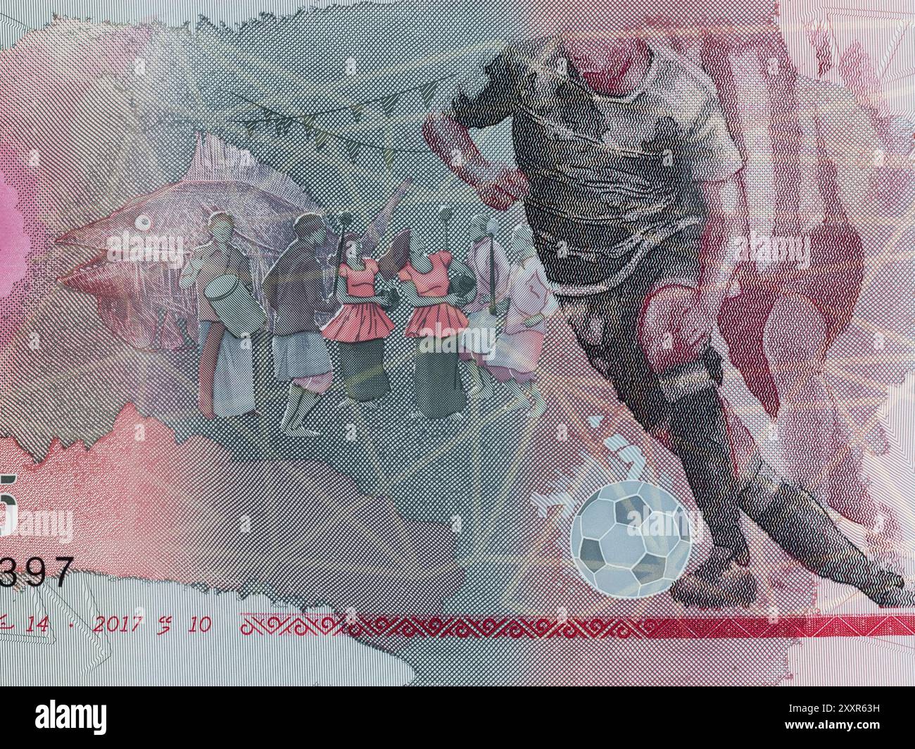Ritratto di giocatori di calcio, pesci e ballerini delle Maldive, banconota da 10 rufiyaa Foto Stock