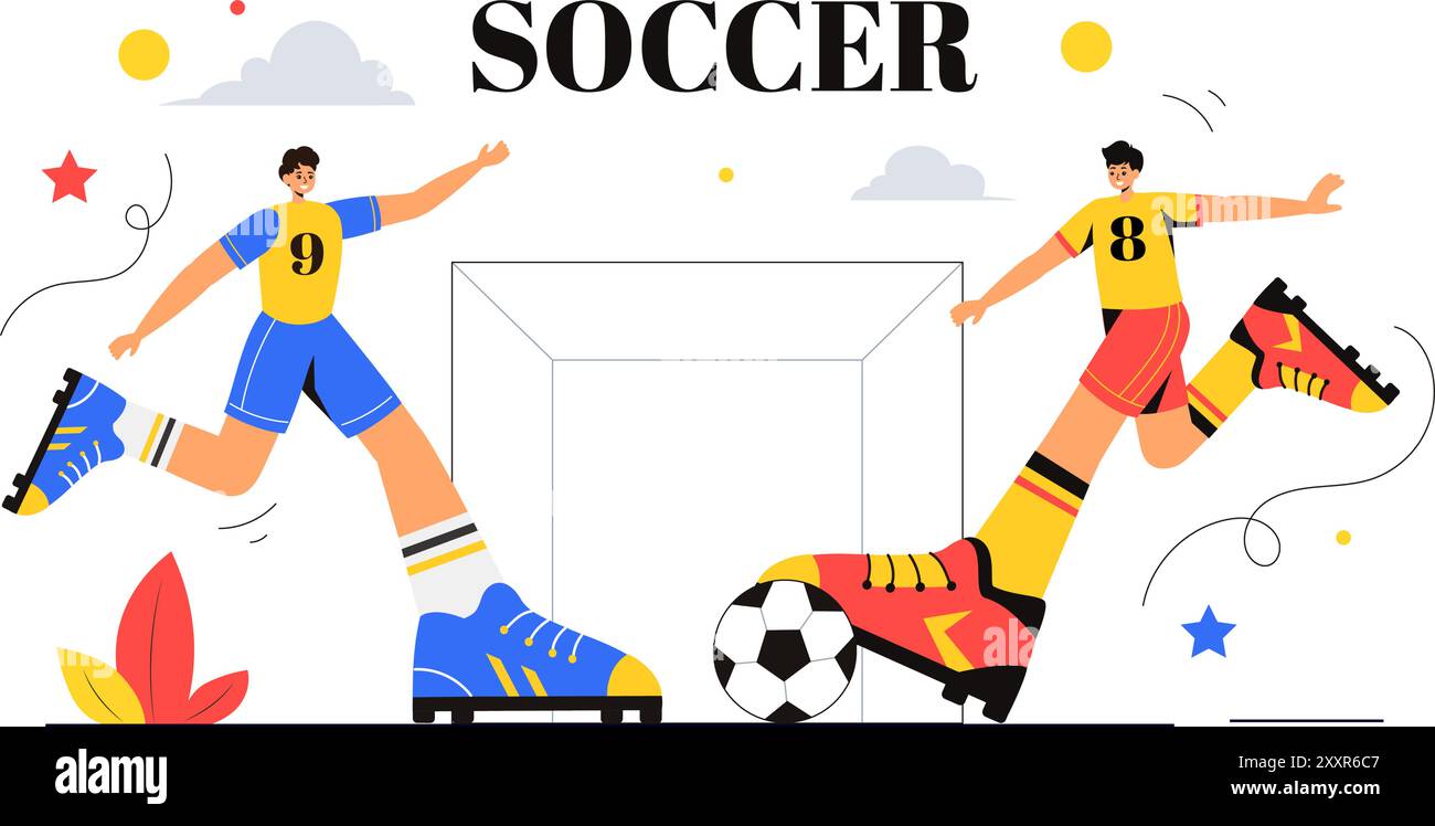 Illustrazione di un vettore di calcio con un uomo che calcia una palla di calcio su un campo verde per una partita di calcio e di sport su uno sfondo di cartone animato piatto Illustrazione Vettoriale