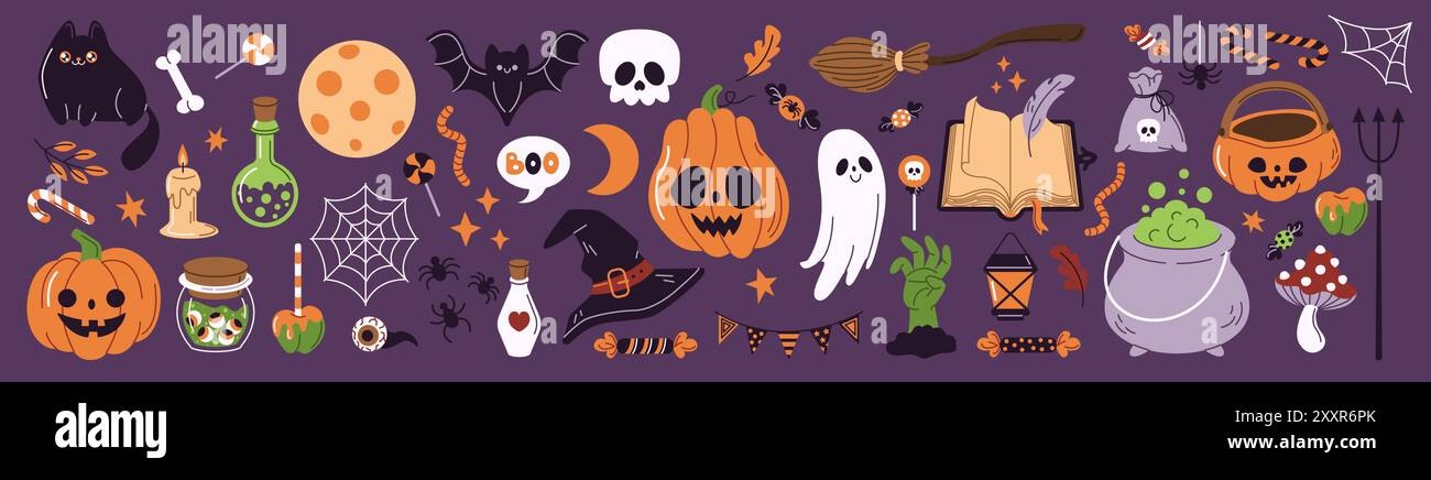 Set di icone vettoriali a colori piatti per i festeggiamenti di Halloween. Spaventoso pacchetto illustrativo per feste natalizie su sfondo viola Illustrazione Vettoriale