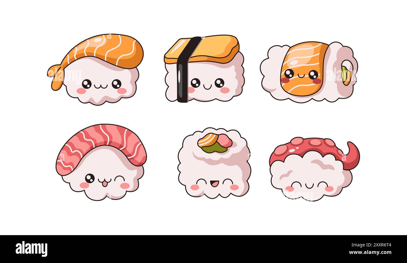 Divertenti sushi roll e sashimi, set di illustrazioni vettoriali a colori. Spuntini giapponesi Kawaii con volti personaggi sulla collezione bianca Illustrazione Vettoriale