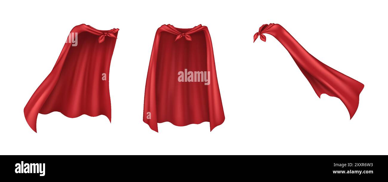 Maschere da supereroe in tessuto rosso realistico set di illustrazioni vettoriali. Accessori per abbigliamento Hero modelli 3d in bundle su sfondo trasparente Illustrazione Vettoriale