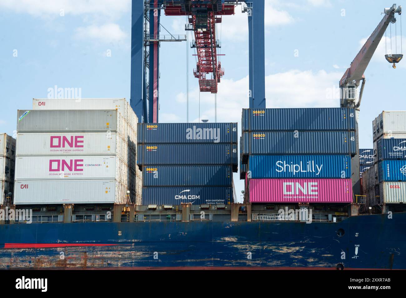 Il Port Newark-Elizabeth Marine Terminal è la principale struttura di navi container per le merci che entrano e escono dall'area metropolitana di New York. Foto Stock