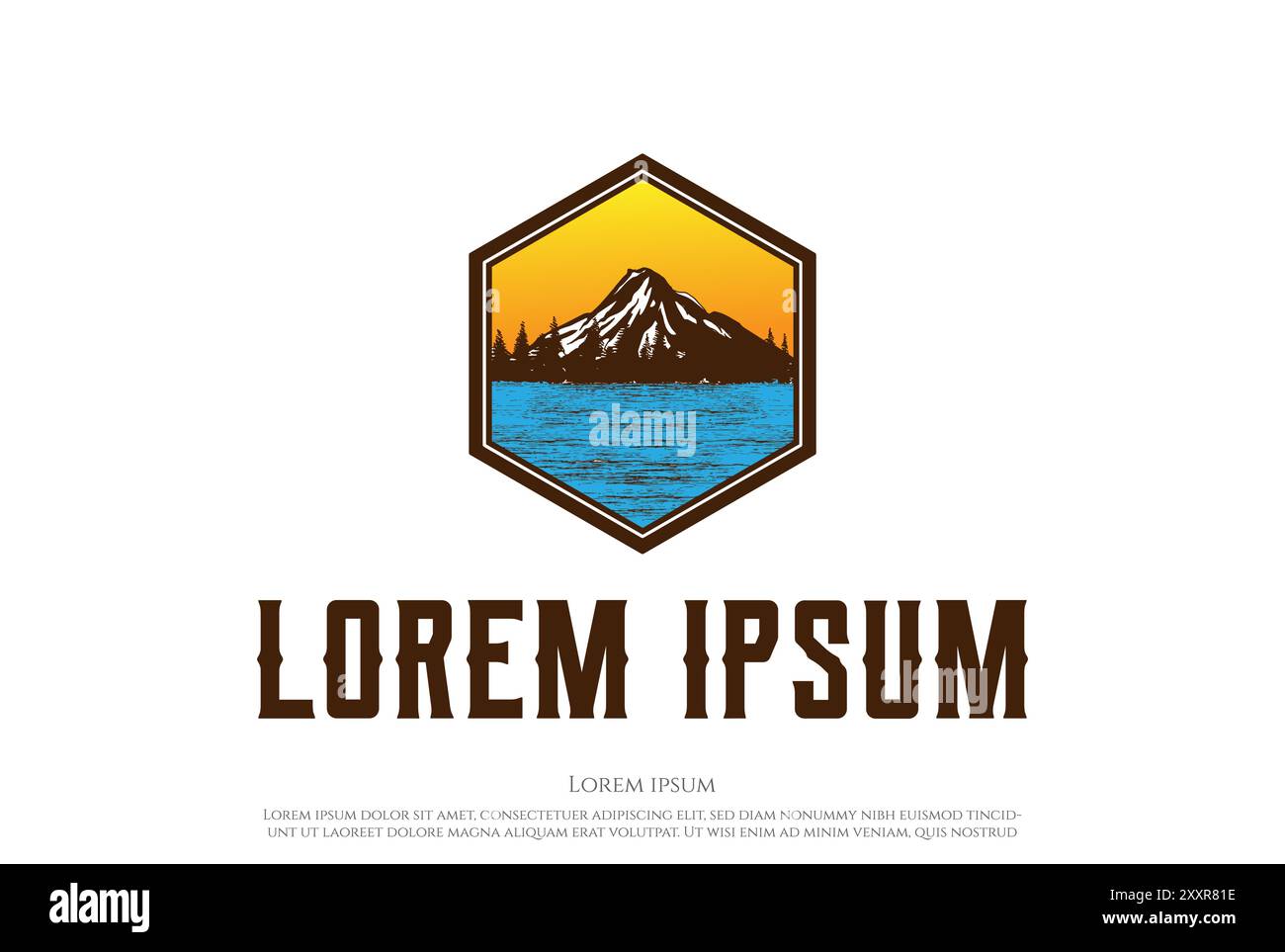 Ice Mountain Pine Evergreen Fir Hemlock Spruce Conifer Cedro conifere cipresso Larch Trees Forest Creek River Lake Badge Logo Design Vector Illustrazione Vettoriale