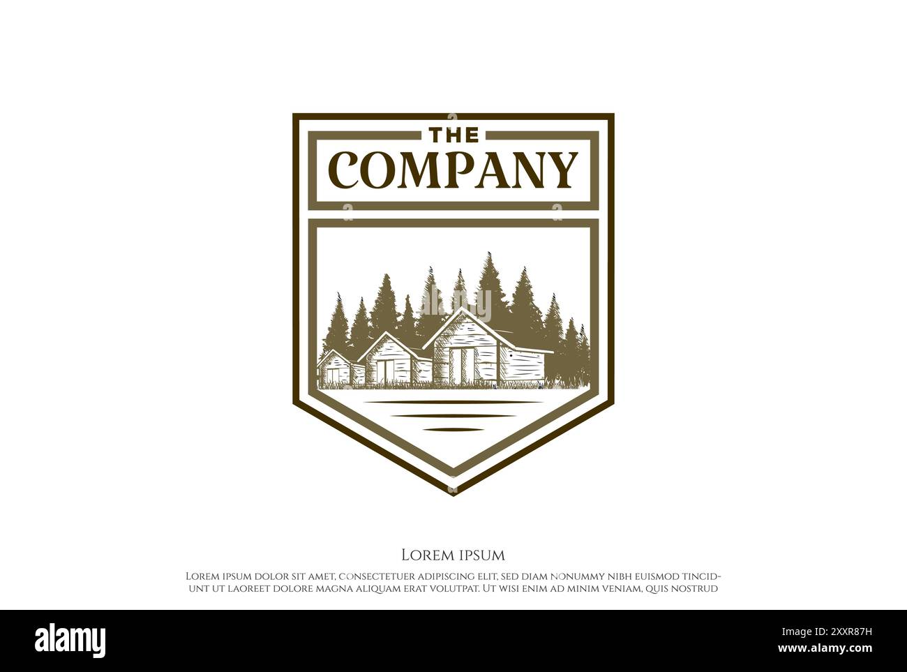 Cottage cottage in legno di pino retrò d'epoca con stemma e logo Vector Illustrazione Vettoriale