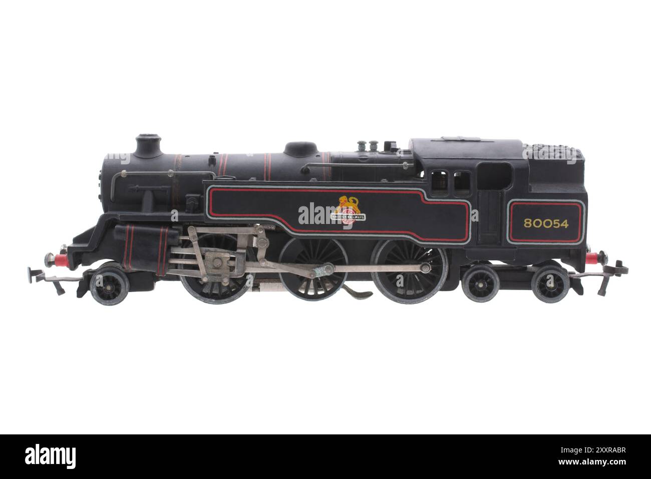 Old Hornby Dublo EDL18 Classe 4MT Standard 2-6-4T 80054 in British Rail nero su sfondo bianco Foto Stock