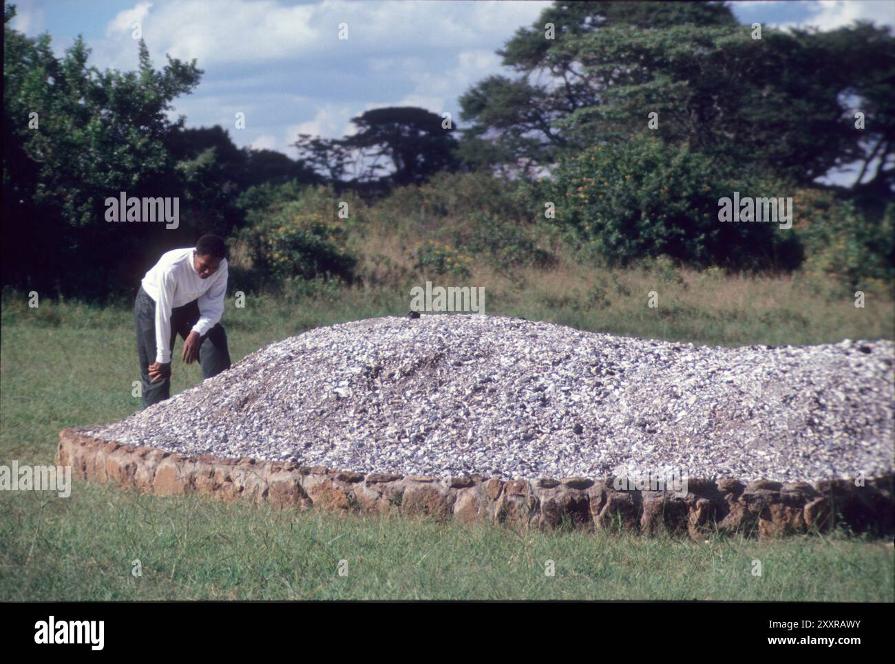 Questi sono i resti del luglio del 1989, quando l'allora presidente del Kenya, Daniel Arap Moi, ha simbolicamente fatto luce sulla riserva di 12 tonnellate di avorio sequestrato. Foto Stock