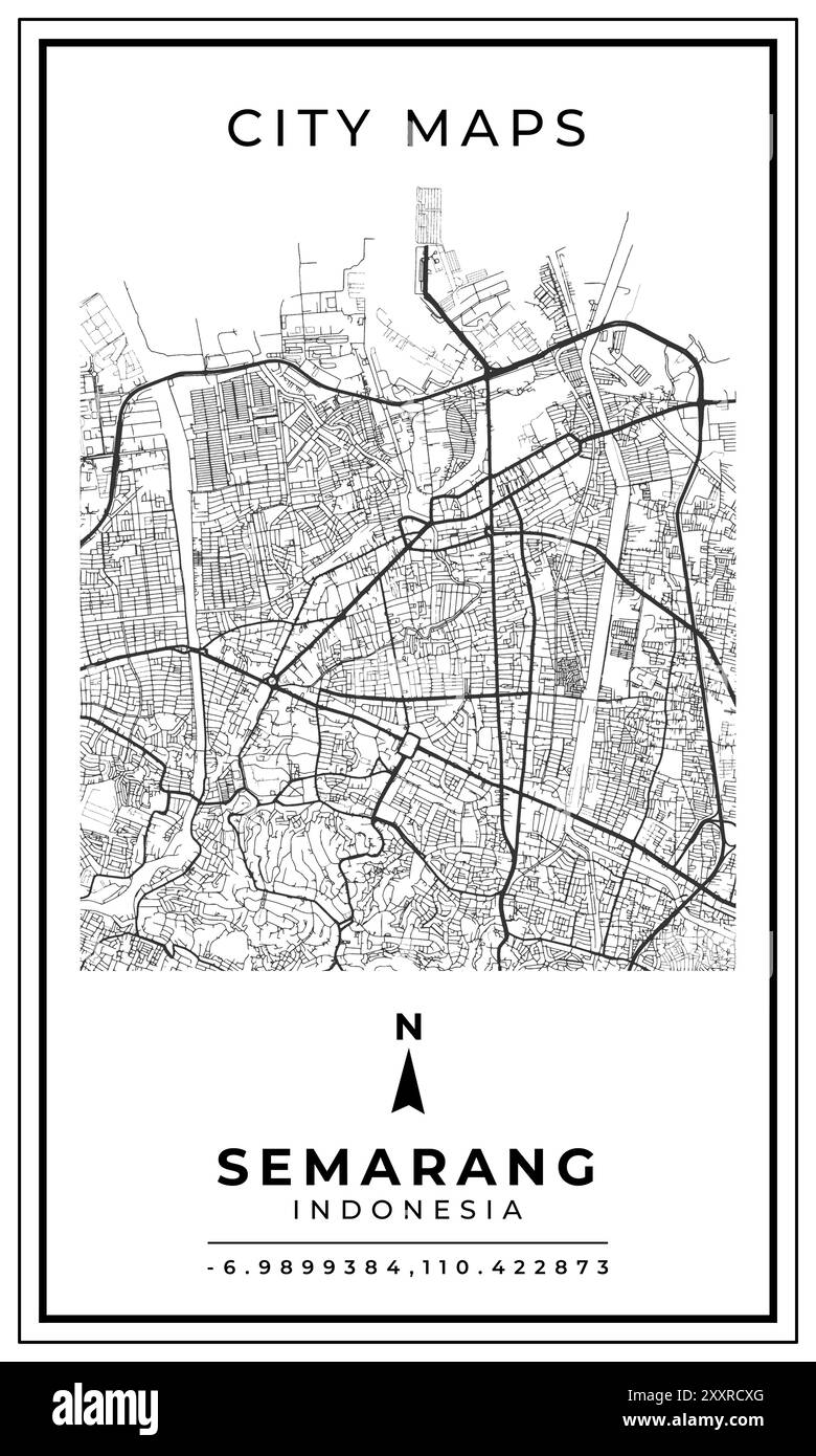 Mappa stampabile in bianco e nero della città di Semarang, Indonesia, poster, illustrazione vettoriale Illustrazione Vettoriale