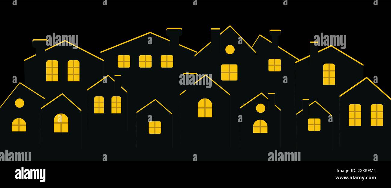 una città notturna con una finestra gialla. a casa in città. Illustrazione Vettoriale