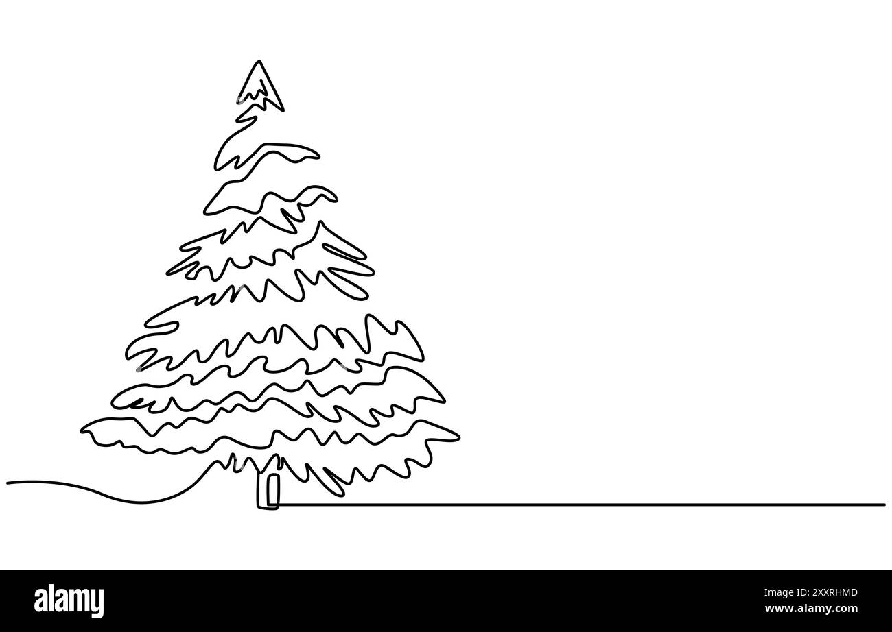 Disegno continuo su una linea di alberi di Natale e regalo. Buon Natale, stella dell'albero di Natale a una linea continua decorata con regali Illustrazione Vettoriale