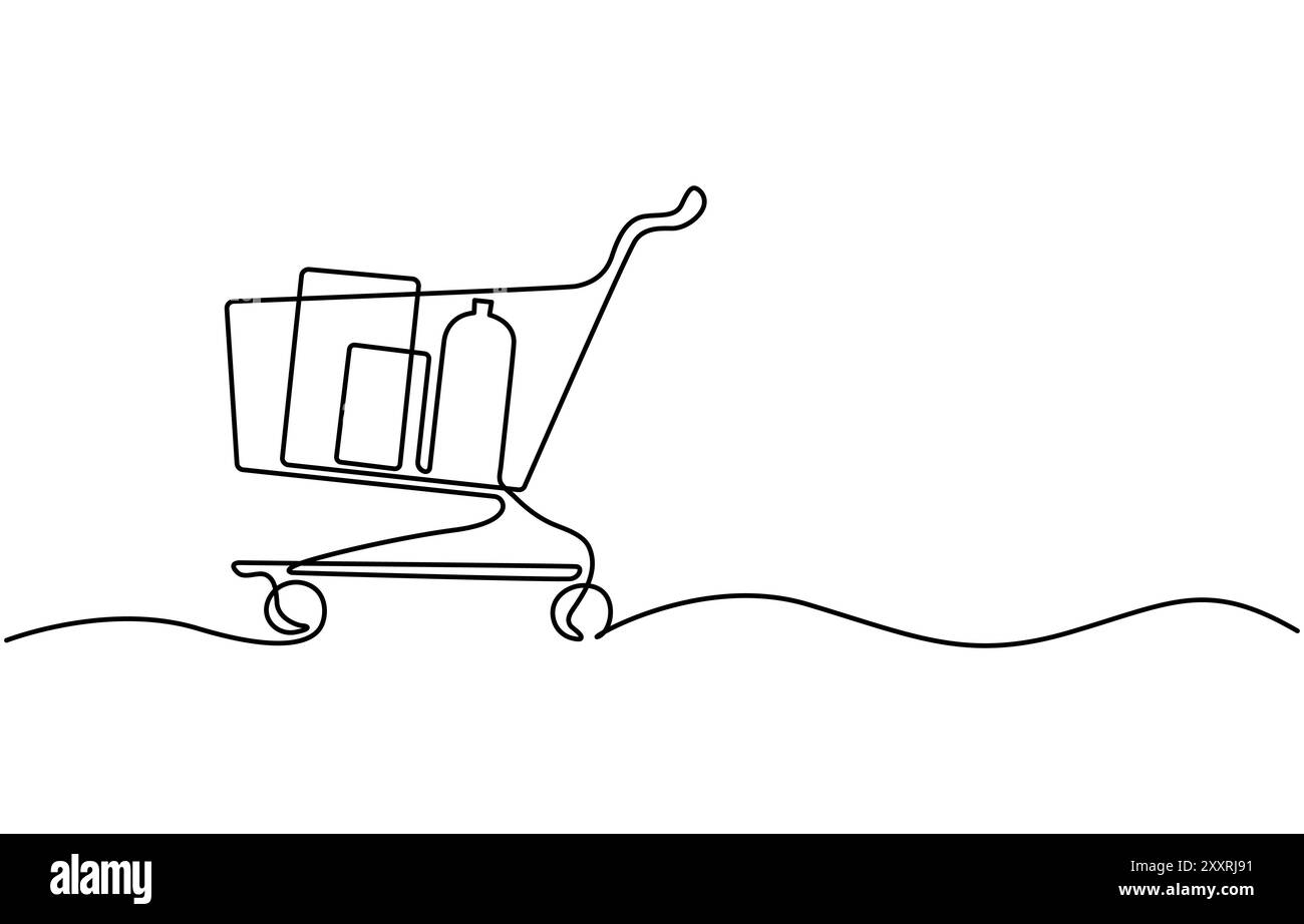 Icona della linea continua del carrello, il carrello continua con un disegno della linea artistica. Shopping online in negozio. Carrello per la spesa. Illustrazione Vettoriale