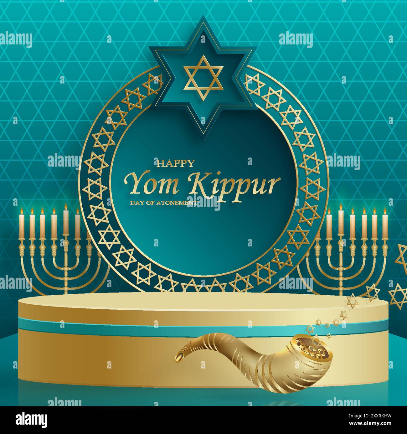 Happy Yom Kippur, palco rotondo con simboli belli e creativi e carta dorata su sfondo colorato per l'illustrazione delle festività ebraiche Illustrazione Vettoriale