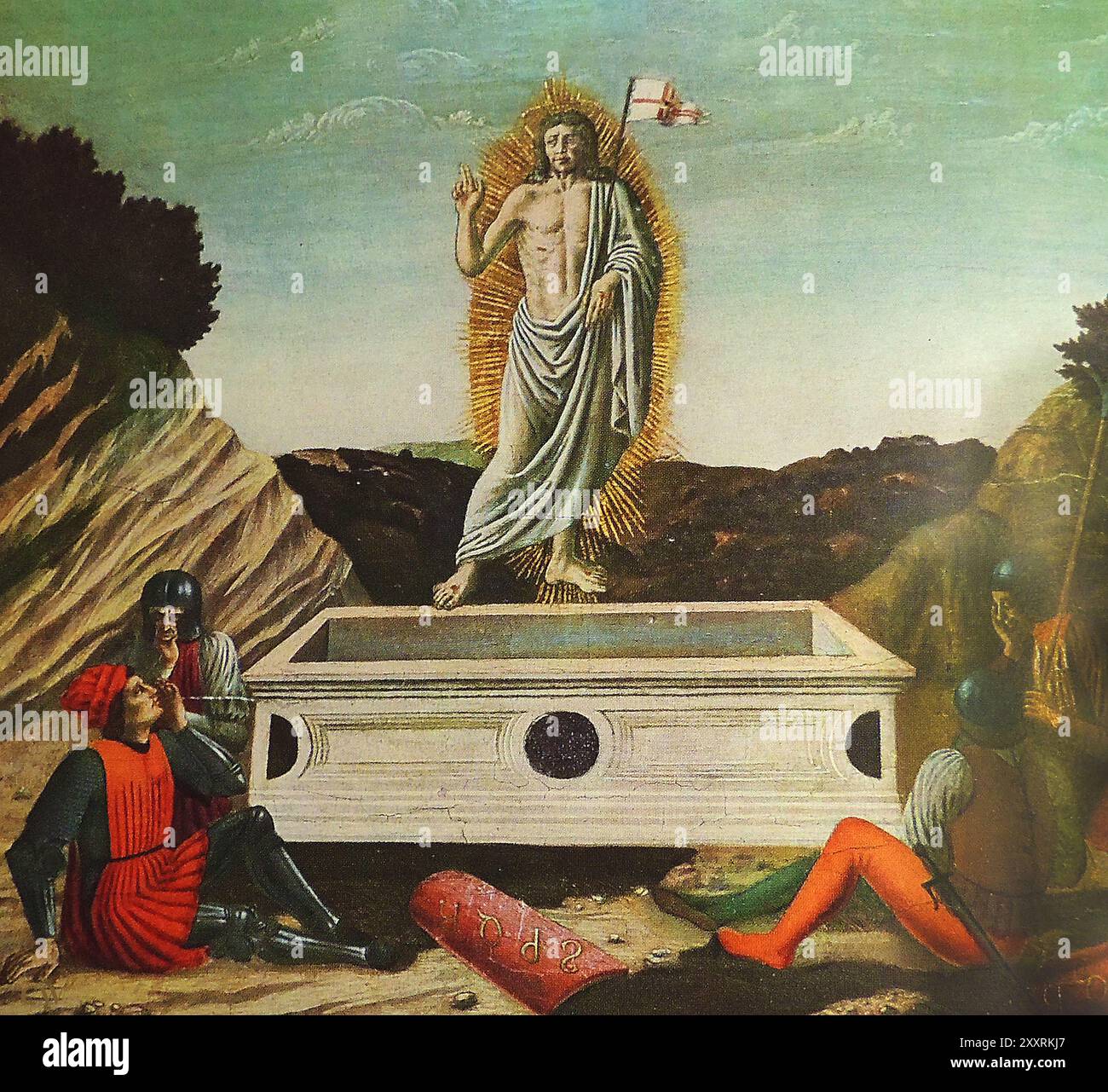 Una prima illustrazione colorata che mostra la Resurrezione di Gesù Cristo dalla sua tomba. Foto Stock