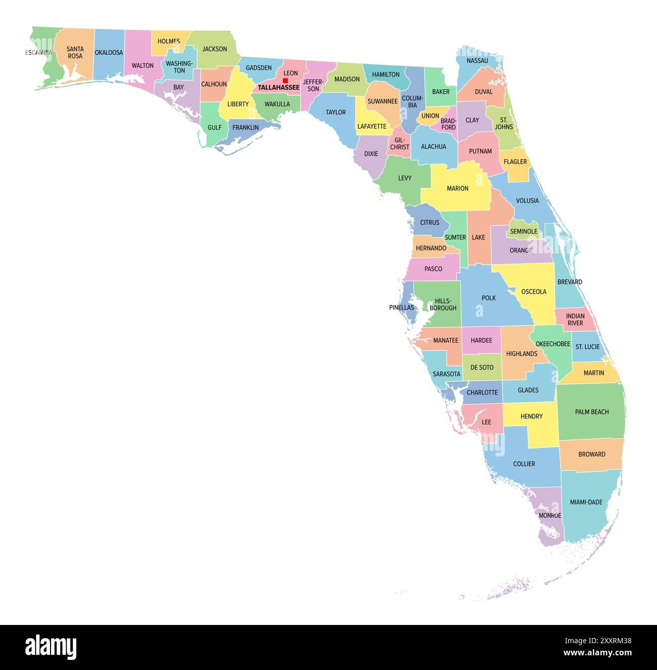 Florida, stato degli Stati Uniti, mappa politica multicolore con confini, nomi di contea e la sua capitale Tallahassee. Stato nella regione sud-orientale degli Stati Uniti. Foto Stock