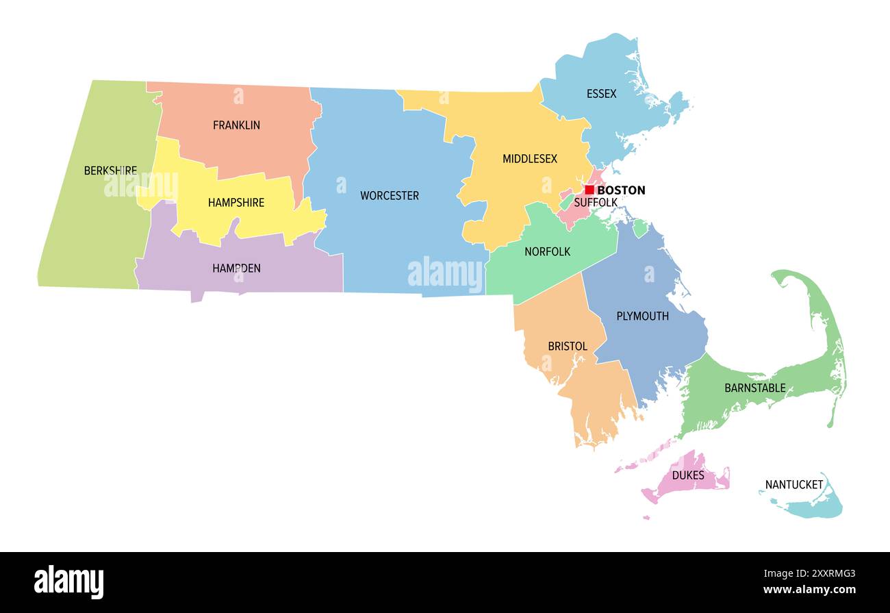 Massachusetts, stato degli Stati Uniti, mappa politica multicolore con confini, nomi di contea e capitale Boston. Stato nella regione del New England degli Stati Uniti. Foto Stock