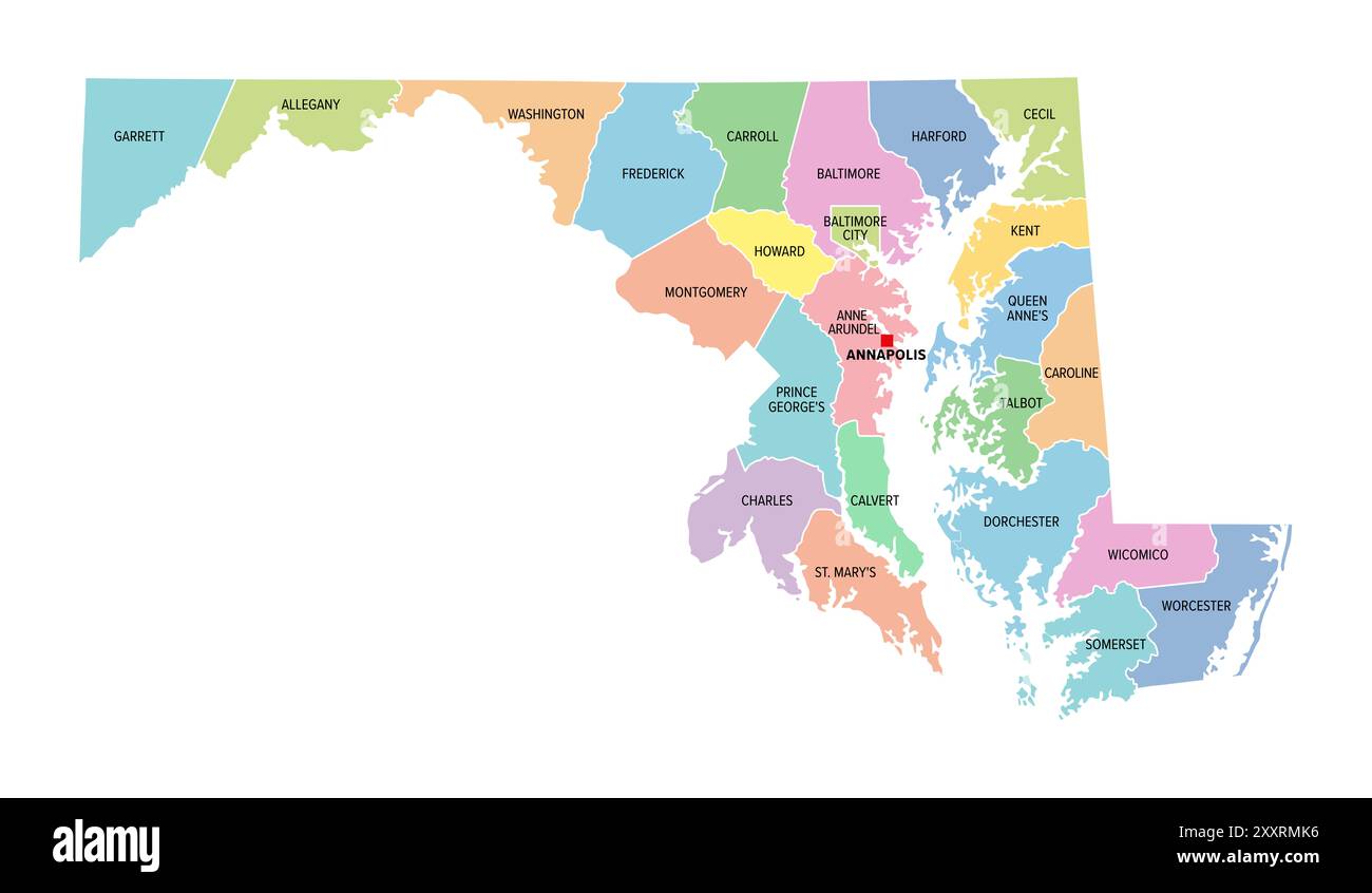 Maryland, stato degli Stati Uniti, mappa politica a colori con i nomi delle contee e la capitale Annapolis. Stato nella regione del New England nel nord-est degli Stati Uniti. Foto Stock